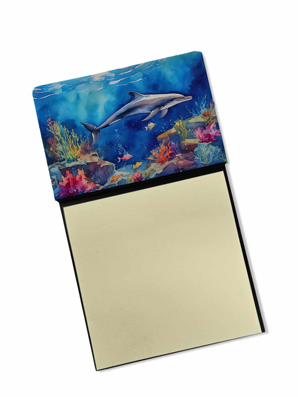 Dolphin Watercolor Sticky Note Holder Refillable Dispenser Desk Accessory 3x3 Pad Gift