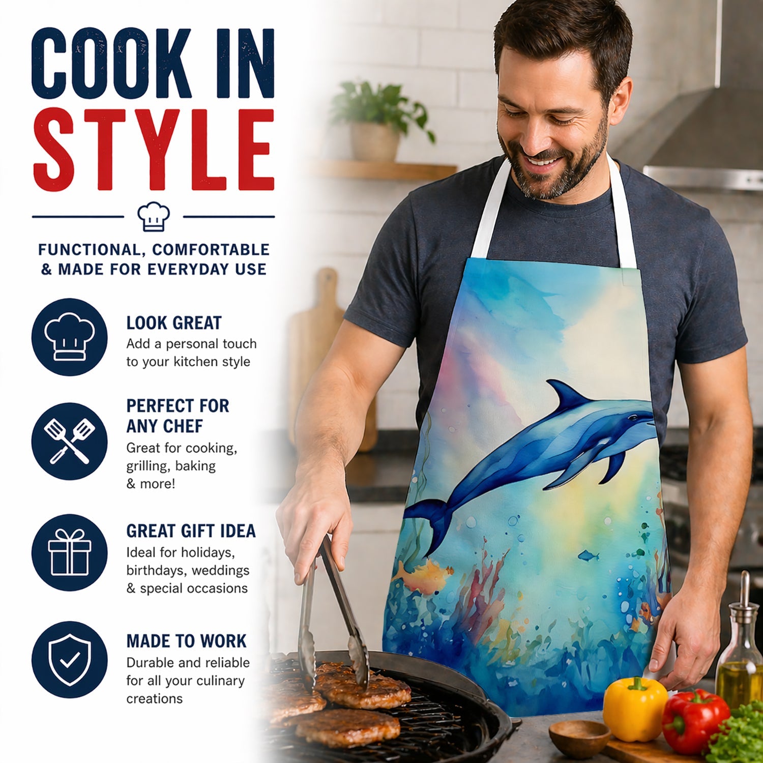 Dolphin Apron Cooking Kitchen Server Baking Crafts Gardening for Adult Women Men, Unisex, Large, Multicolor