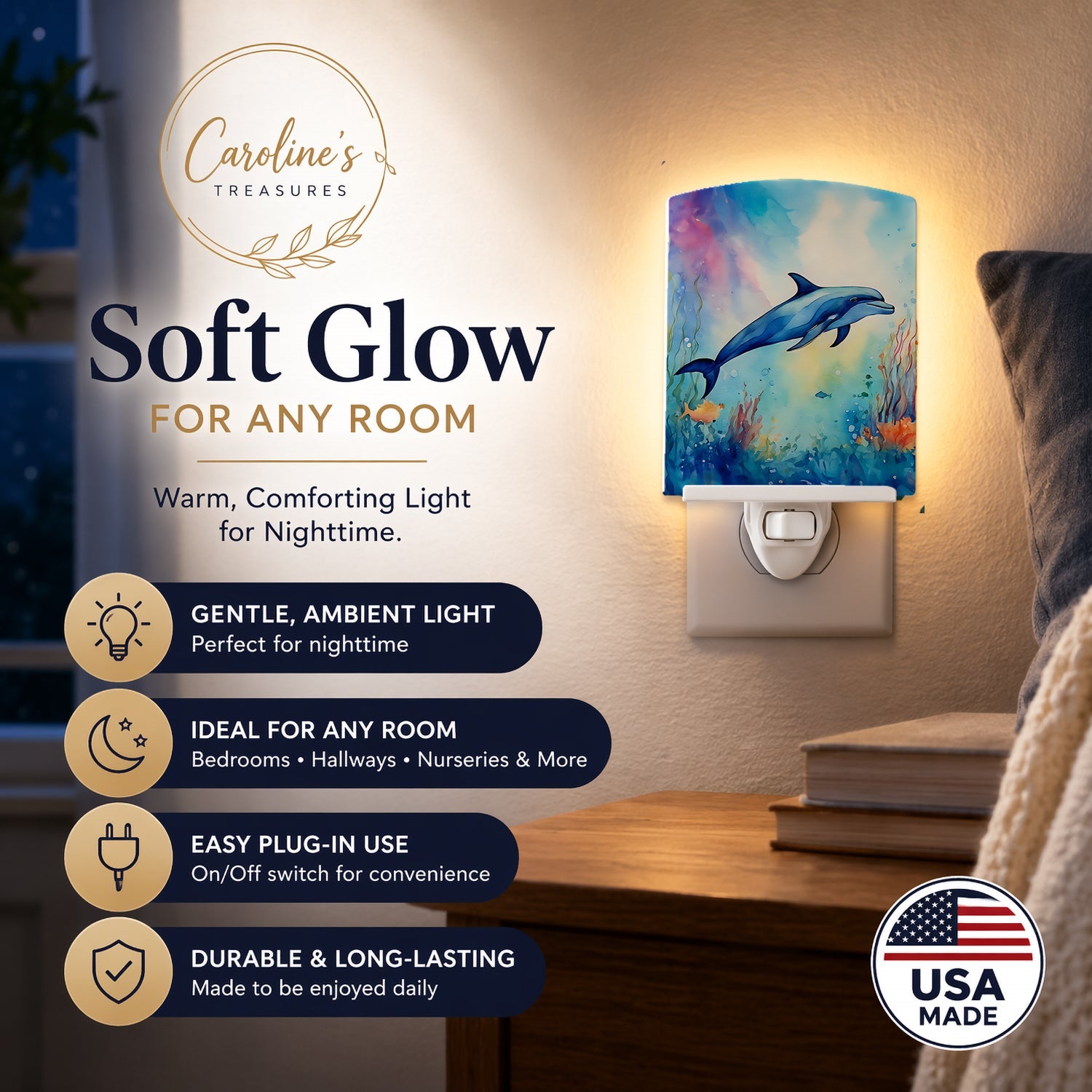 Dolphin Ceramic Night Light Compact, UL-Certified, Ideal for Bedroom, Bathroom, Nursery, Hallway, Kitchen, 6x4x3, Multicolor