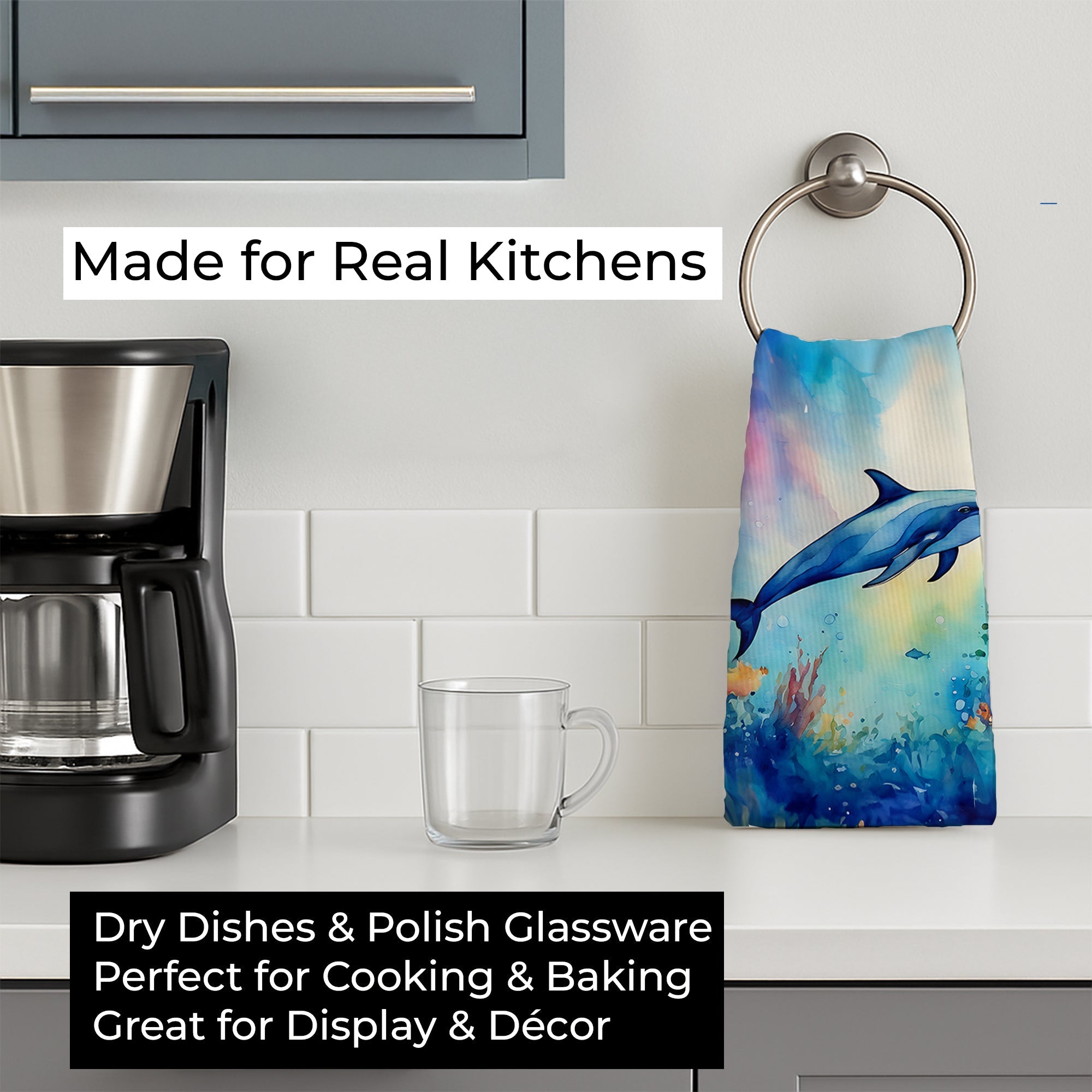 Dolphin Kitchen Towel Velour Plush Front and Cotton Loop Back Machine Washable