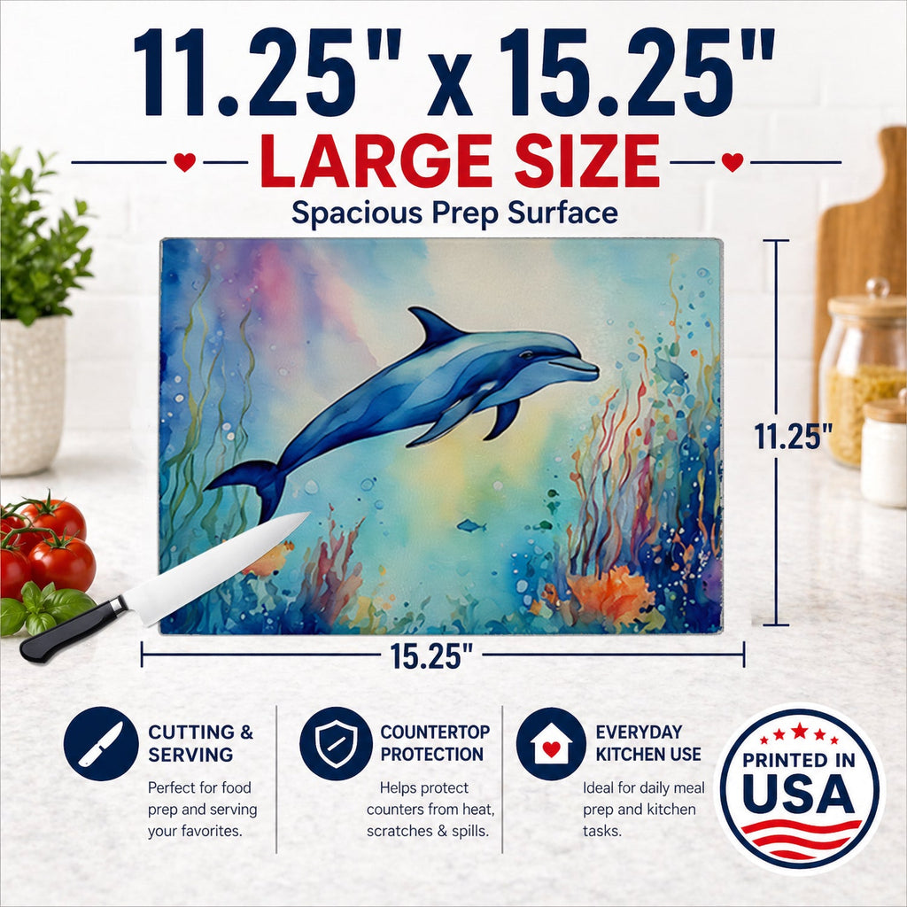 Dolphin Cutting Board Tempered Glass Kitchen Cutting Surface, Heat Resistant Chopping, Non-Slip Feet, Food Prep & Serving