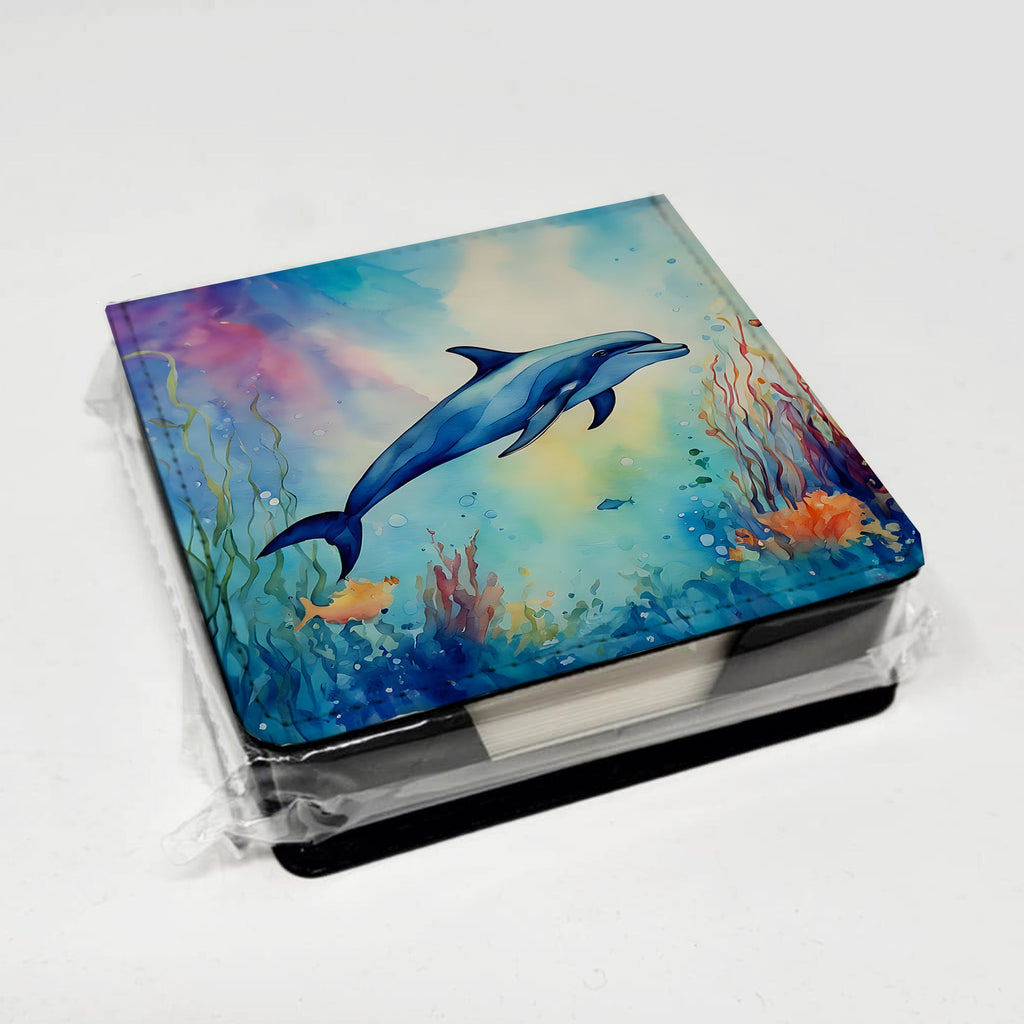 Dolphin PU Leather Note Paper Holder with Artist-Designed Cover, Desk Accessory, Office Gift