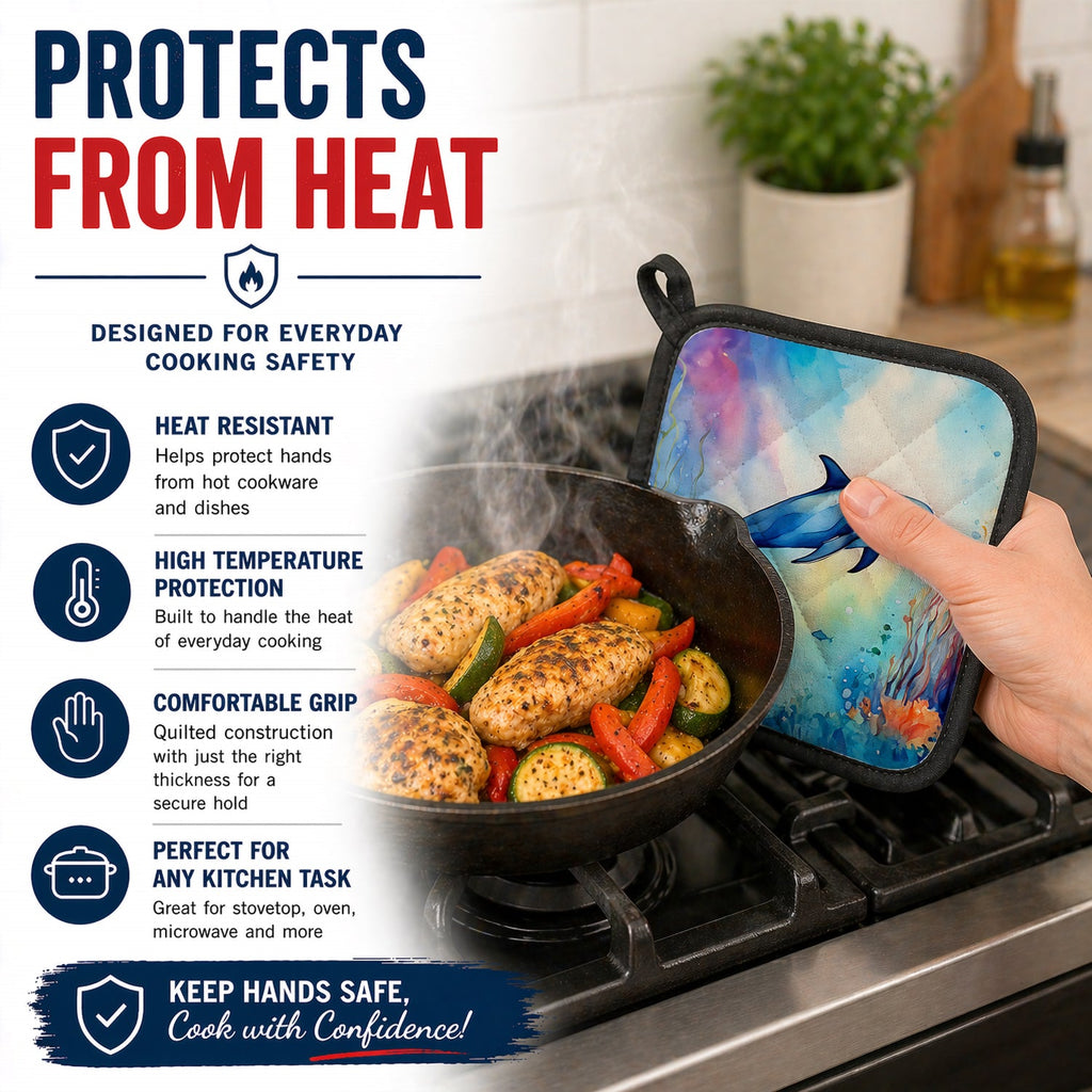 Dolphin Pot Holder Set of 2 Heat Resistant Quilted Hot Pads 7.5 x 7.5 Inch, Insulated Kitchen Trivets for Cooking & Baking