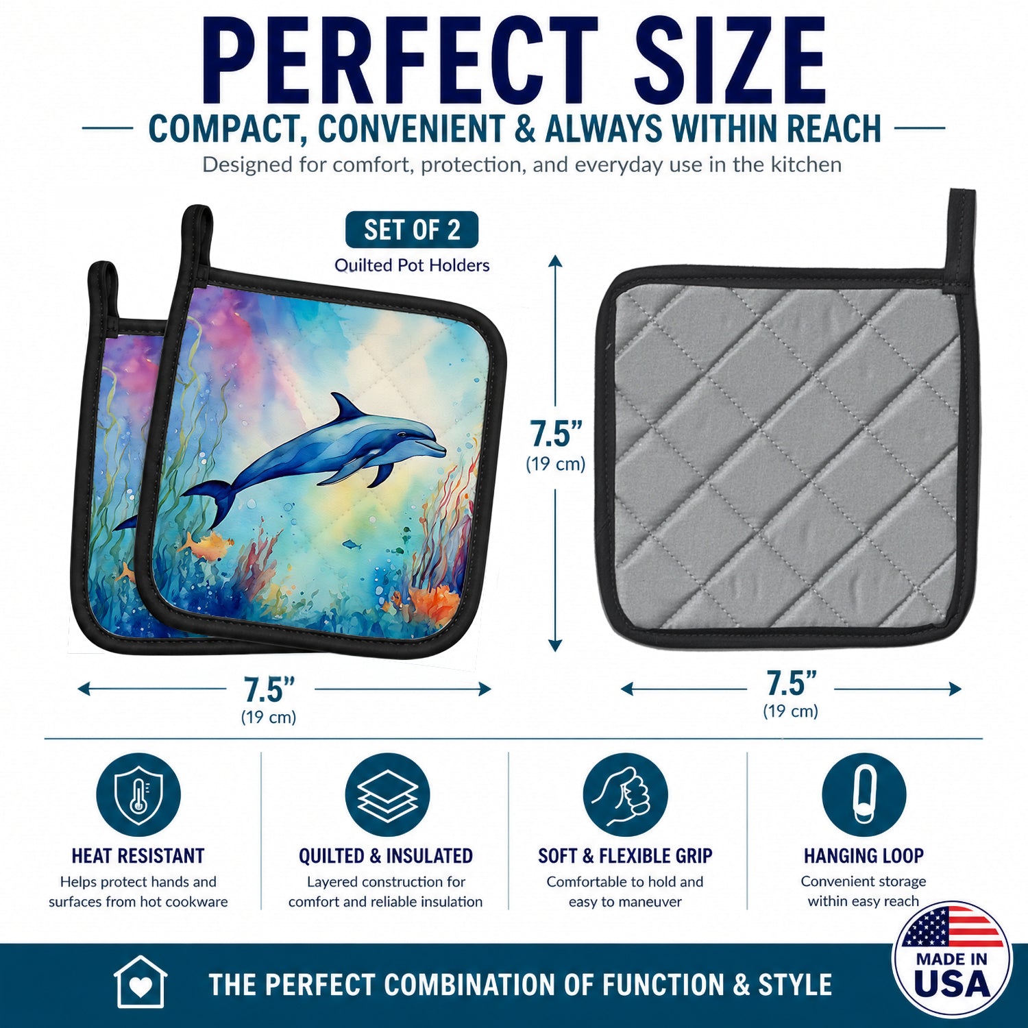 Dolphin Pot Holder Set of 2 Heat Resistant Quilted Hot Pads 7.5 x 7.5 Inch, Insulated Kitchen Trivets for Cooking & Baking
