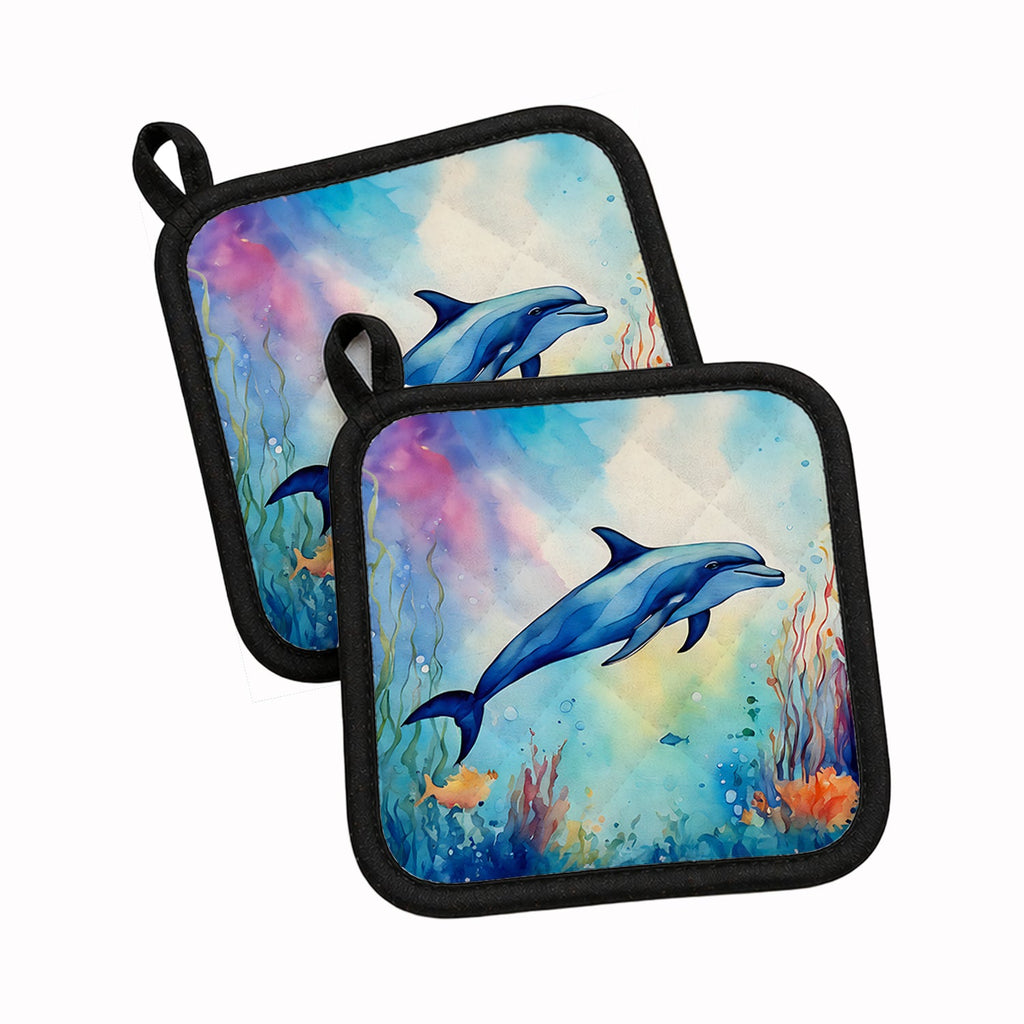 Dolphin Pot Holder Set of 2 Heat Resistant Quilted Hot Pads 7.5 x 7.5 Inch, Insulated Kitchen Trivets for Cooking & Baking