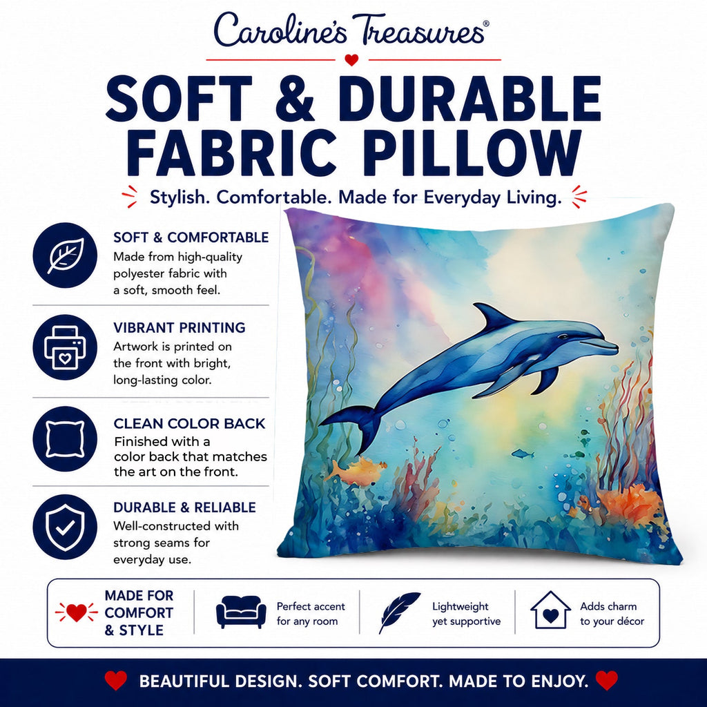 Dolphin Decorative Throw Pillow 14x14 Indoor Outdoor Accent Cushion, Fabric Cover with Insert for Sofa, Bed, Porch & Living Room