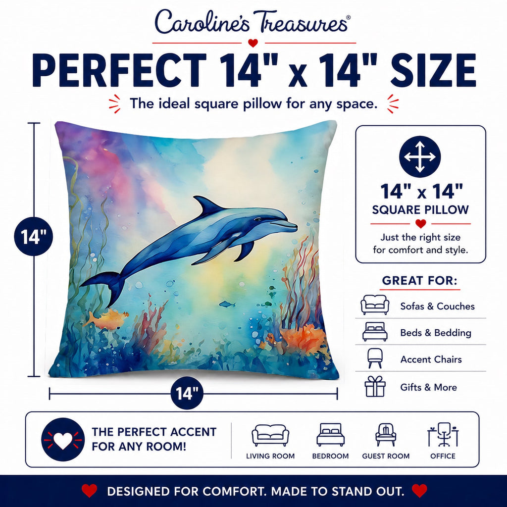 Dolphin Decorative Throw Pillow 14x14 Indoor Outdoor Accent Cushion, Fabric Cover with Insert for Sofa, Bed, Porch & Living Room
