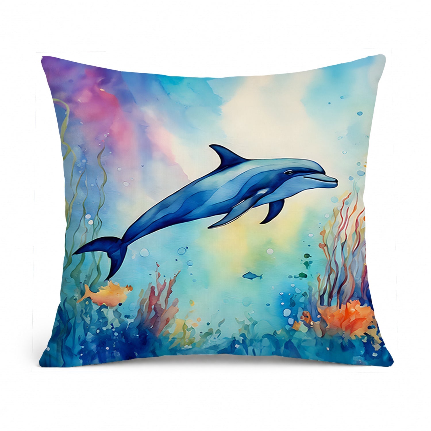 Dolphin Decorative Throw Pillow 14x14 Indoor Outdoor Accent Cushion, Fabric Cover with Insert for Sofa, Bed, Porch & Living Room