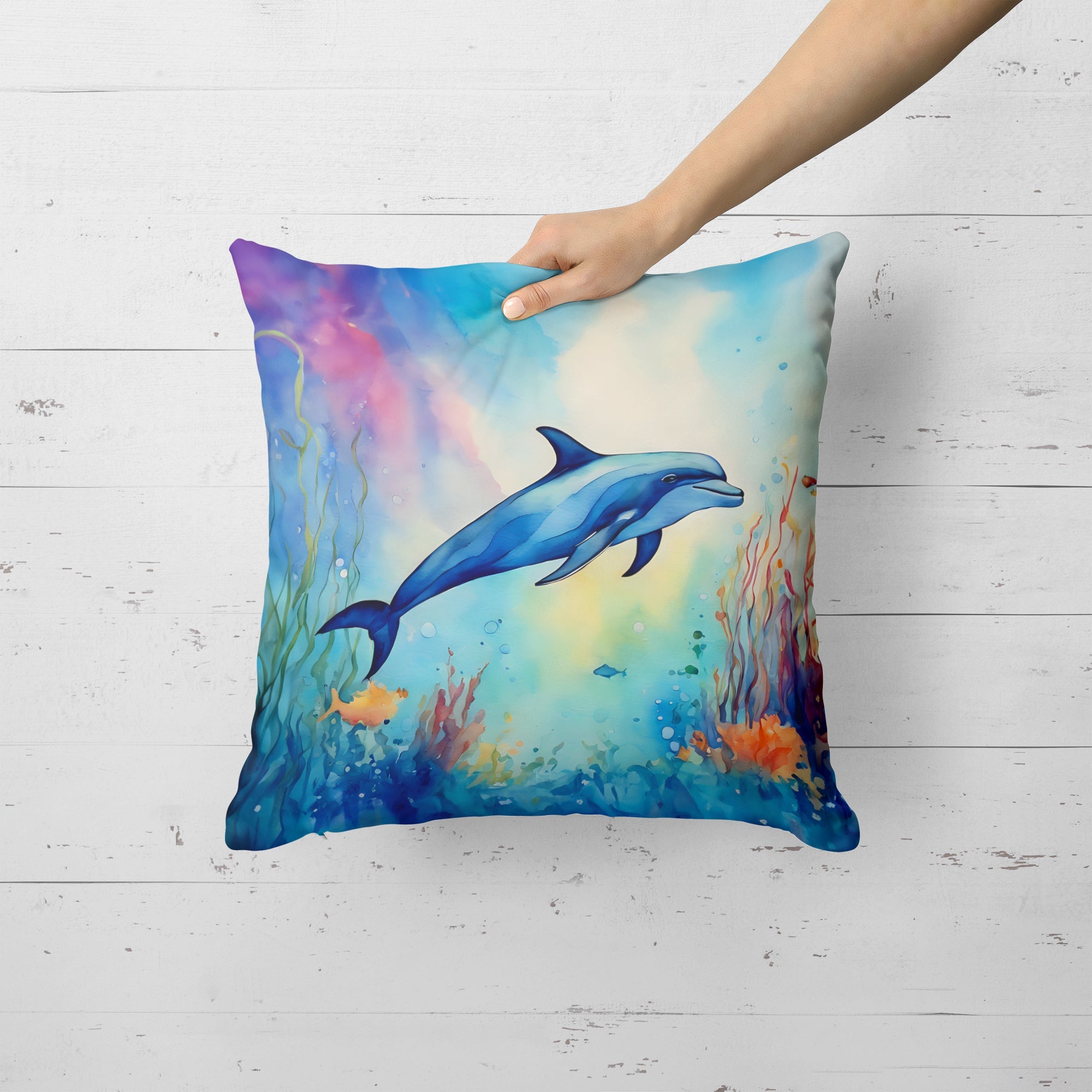Dolphin Decorative Throw Pillow 18x18 Indoor Outdoor Accent Cushion, Fabric Cover with Insert for Sofa, Bed, Porch & Living Room