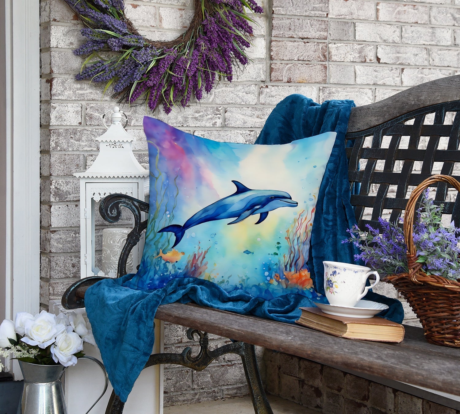 Dolphin Decorative Throw Pillow 18x18 Indoor Outdoor Accent Cushion, Fabric Cover with Insert for Sofa, Bed, Porch & Living Room