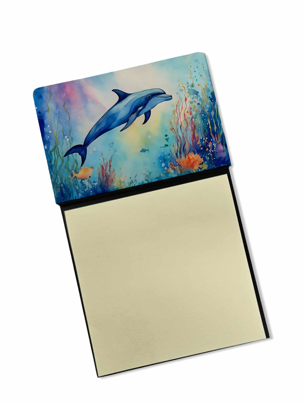 Dolphin Watercolor Sticky Note Holder Refillable Dispenser Desk Accessory 3x3 Pad Gift