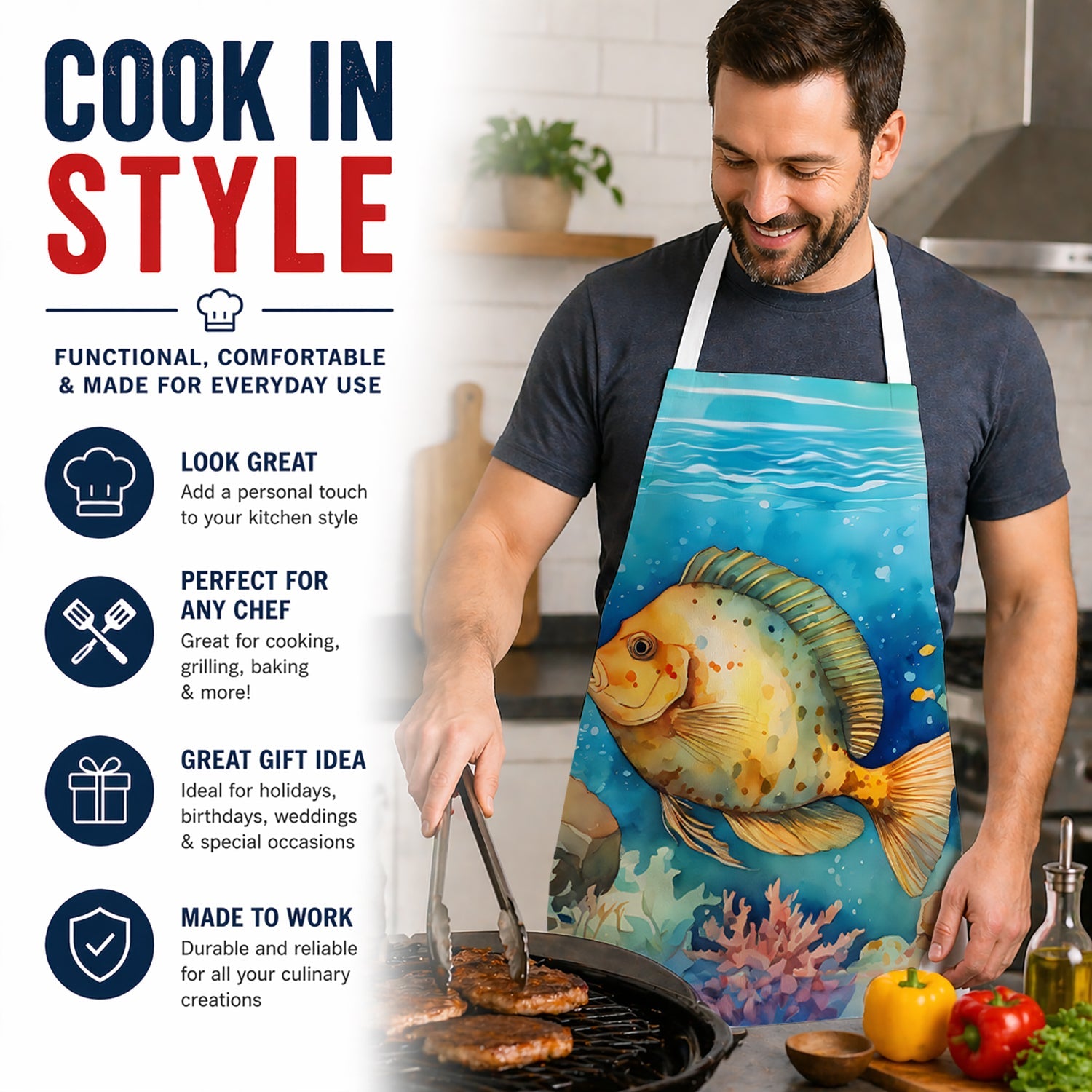Flounder Apron Cooking Kitchen Server Baking Crafts Gardening for Adult Women Men, Unisex, Large, Multicolor