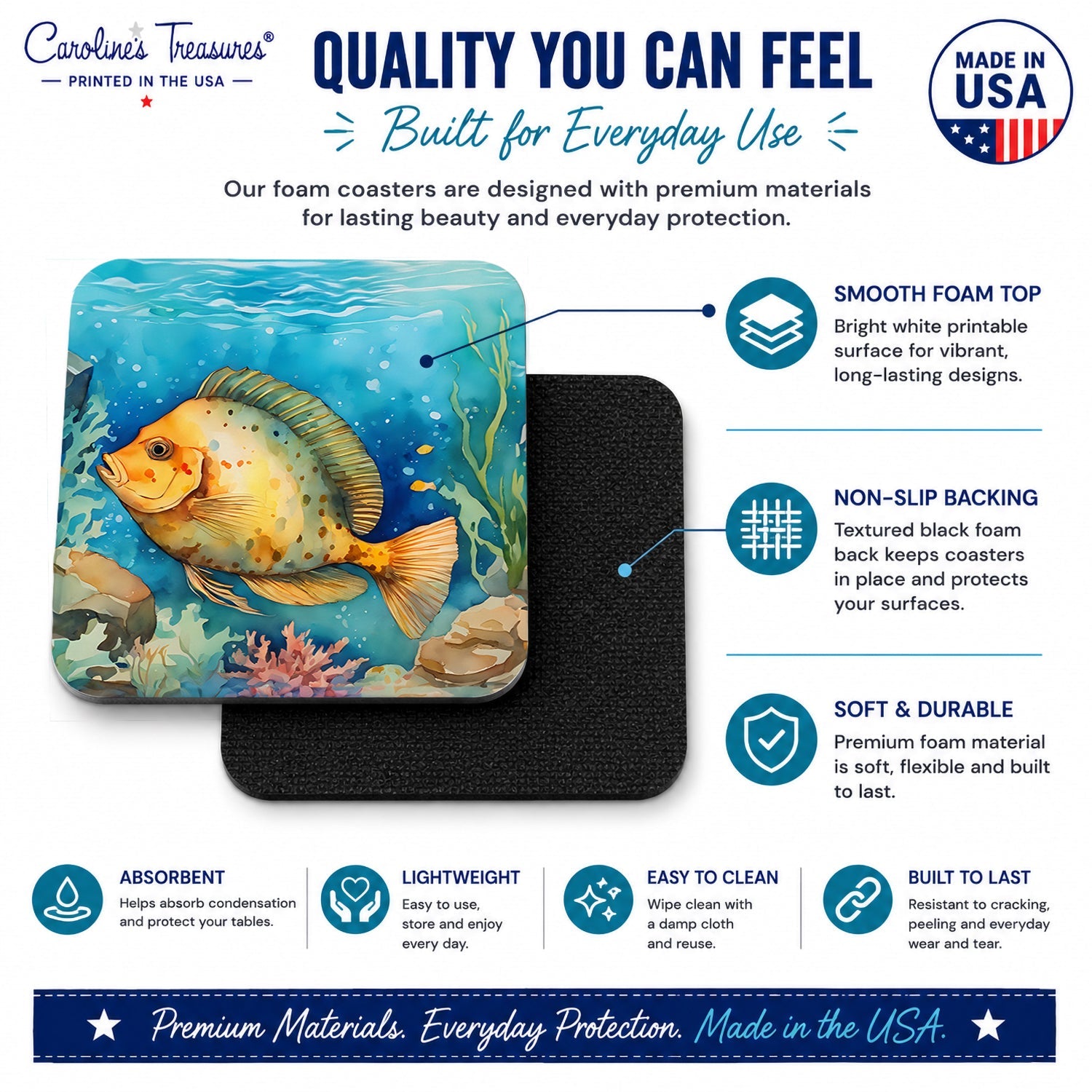 Flounder Foam Coasters Set of 4 Cup Coasters for Indoor Outdoor, Tabletop Protection, Anti Slip, Mouse pad Material