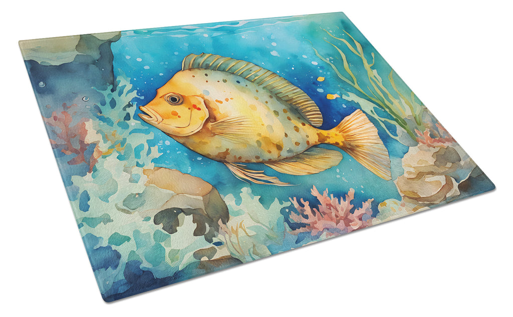 Flounder Cutting Board Tempered Glass Kitchen Cutting Surface, Heat Resistant Chopping, Non-Slip Feet, Food Prep & Serving