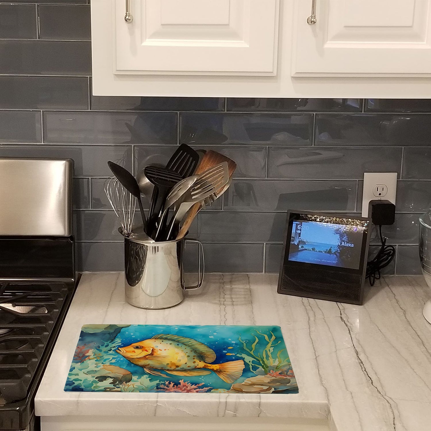 Flounder Cutting Board Tempered Glass Kitchen Cutting Surface, Heat Resistant Chopping, Non-Slip Feet, Food Prep & Serving