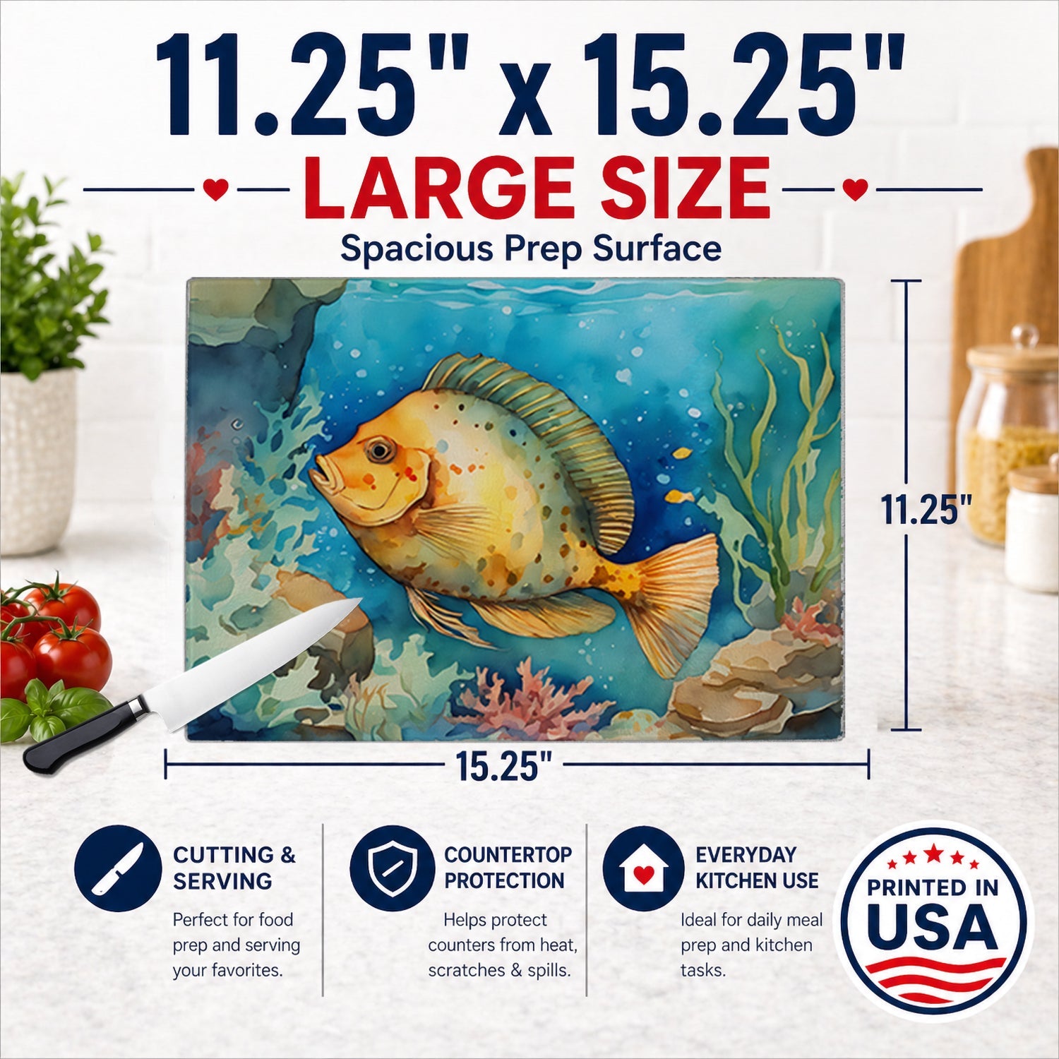 Flounder Cutting Board Tempered Glass Kitchen Cutting Surface, Heat Resistant Chopping, Non-Slip Feet, Food Prep & Serving