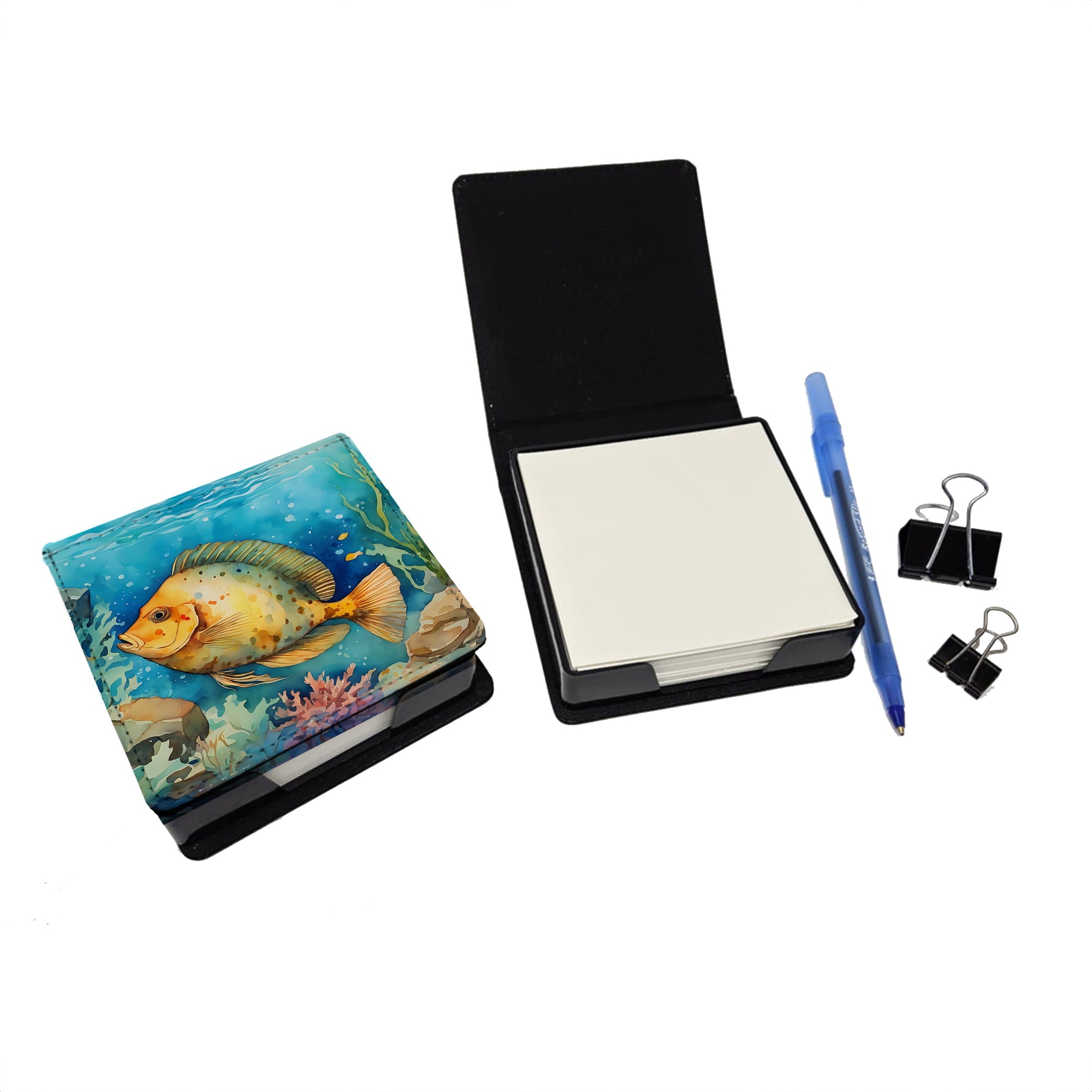 Flounder PU Leather Note Paper Holder with Artist-Designed Cover, Desk Accessory, Office Gift