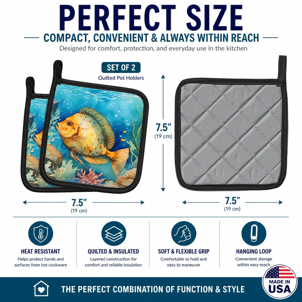 Flounder Pot Holder Set of 2 Heat Resistant Quilted Hot Pads 7.5 x 7.5 Inch, Insulated Kitchen Trivets for Cooking & Baking