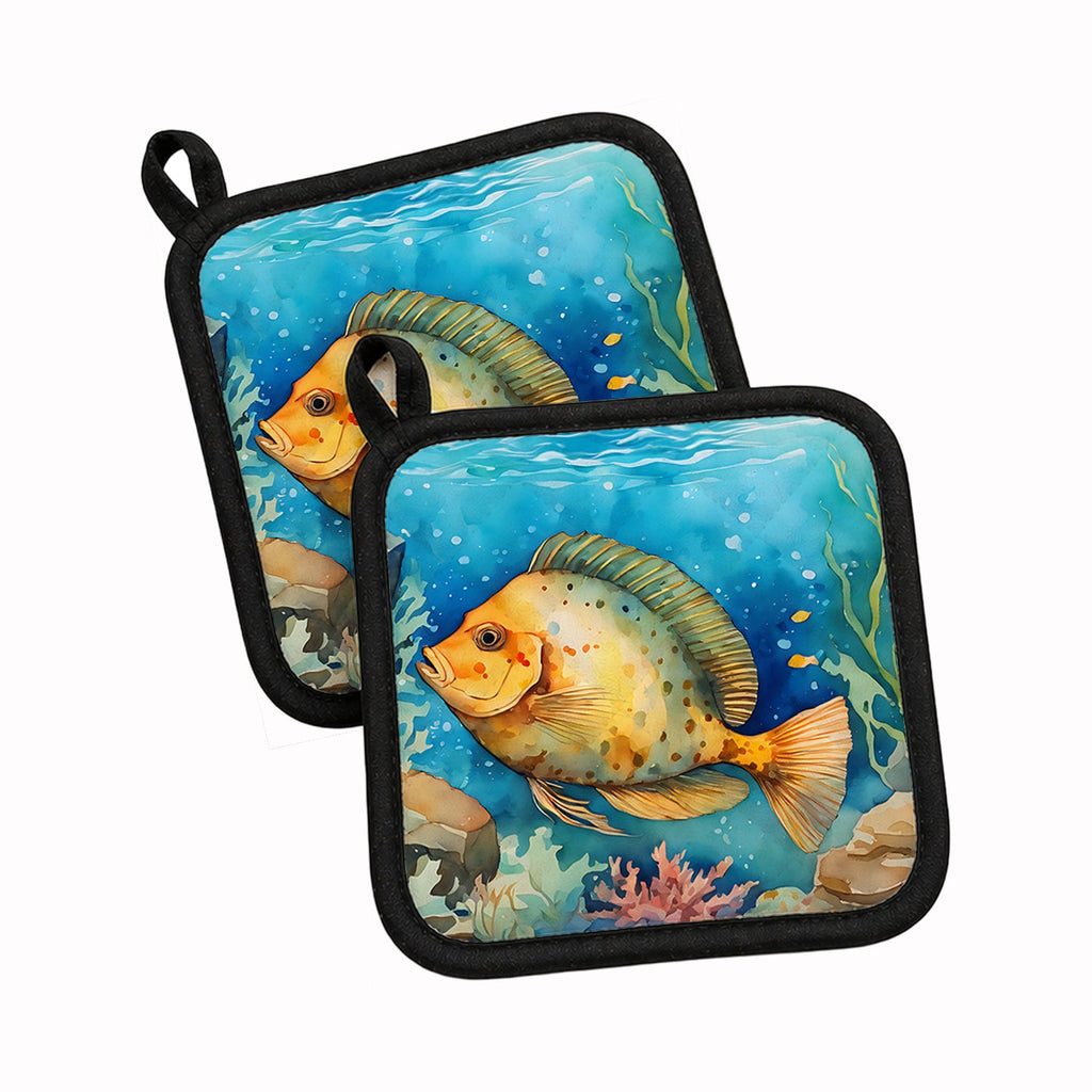 Flounder Pot Holder Set of 2 Heat Resistant Quilted Hot Pads 7.5 x 7.5 Inch, Insulated Kitchen Trivets for Cooking & Baking