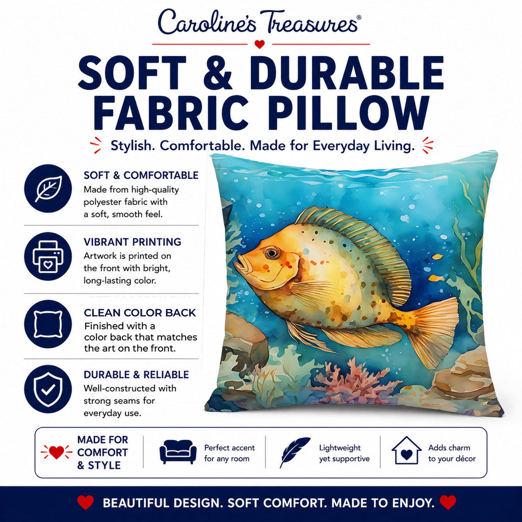 Flounder Decorative Throw Pillow 14x14 Indoor Outdoor Accent Cushion, Fabric Cover with Insert for Sofa, Bed, Porch & Living Room