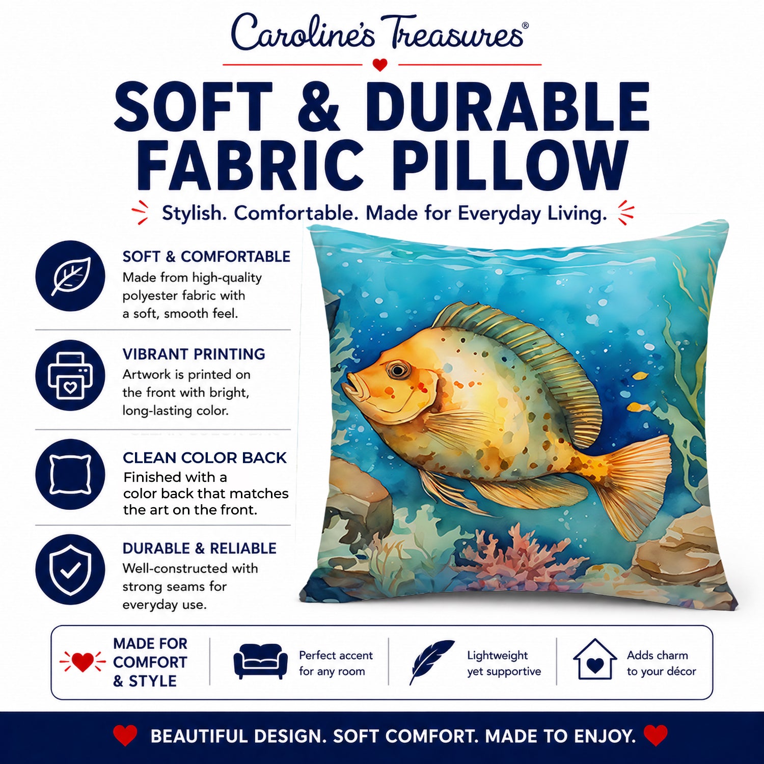 Flounder Decorative Throw Pillow 14x14 Indoor Outdoor Accent Cushion, Fabric Cover with Insert for Sofa, Bed, Porch & Living Room