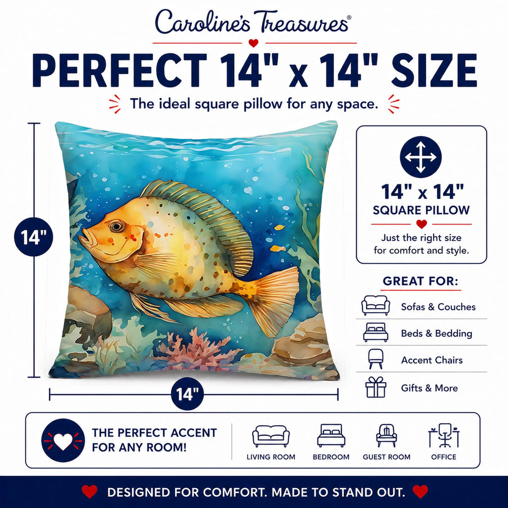 Flounder Decorative Throw Pillow 14x14 Indoor Outdoor Accent Cushion, Fabric Cover with Insert for Sofa, Bed, Porch & Living Room