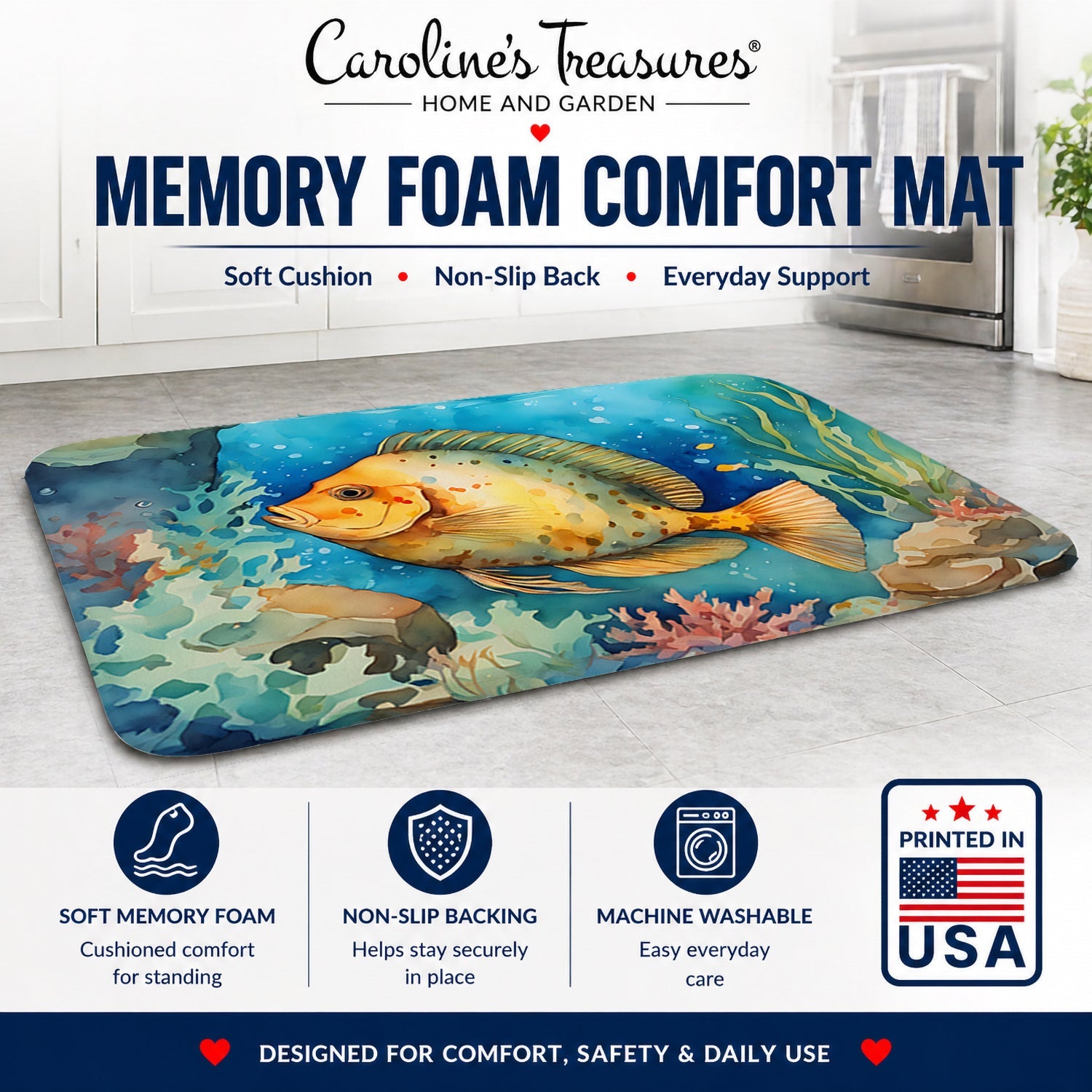 Flounder Memory Foam Kitchen Mat Machine Washable Anti-Fatigue Cushion Comfort Bath or Kitchen Rug