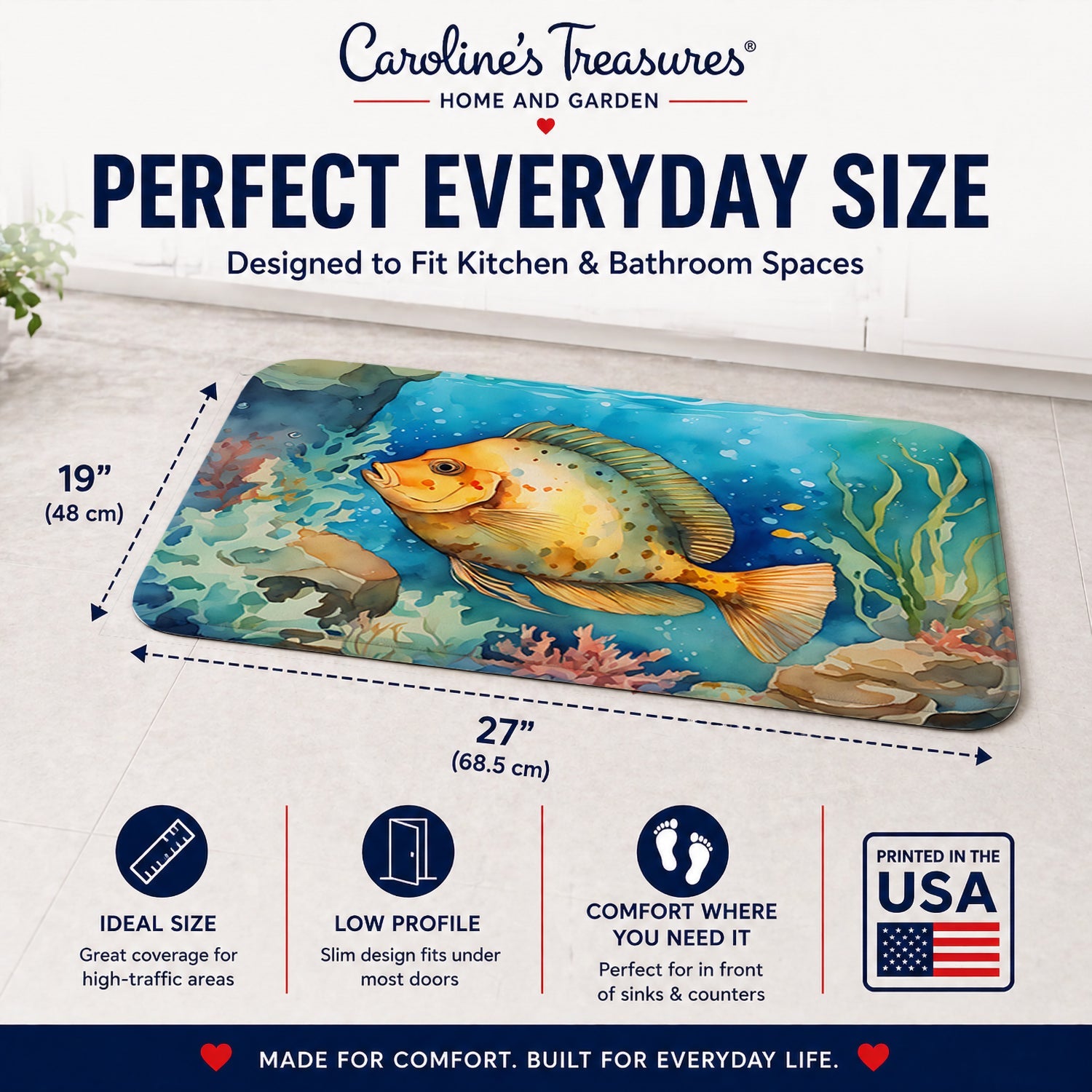 Flounder Memory Foam Kitchen Mat Machine Washable Anti-Fatigue Cushion Comfort Bath or Kitchen Rug