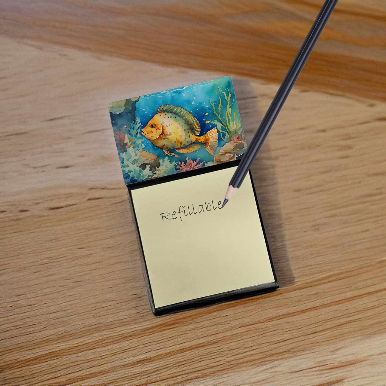 Flounder Watercolor Sticky Note Holder Refillable Dispenser Desk Accessory 3x3 Pad Gift