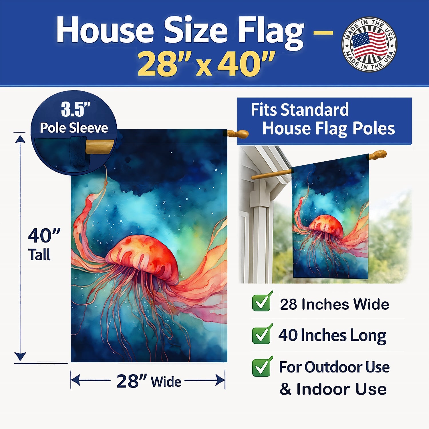 Jellyfish House Flag 28x40 Porch Sleeve Pole Decorative Outside Yard Banner Artwork Wall Hanging, Polyester