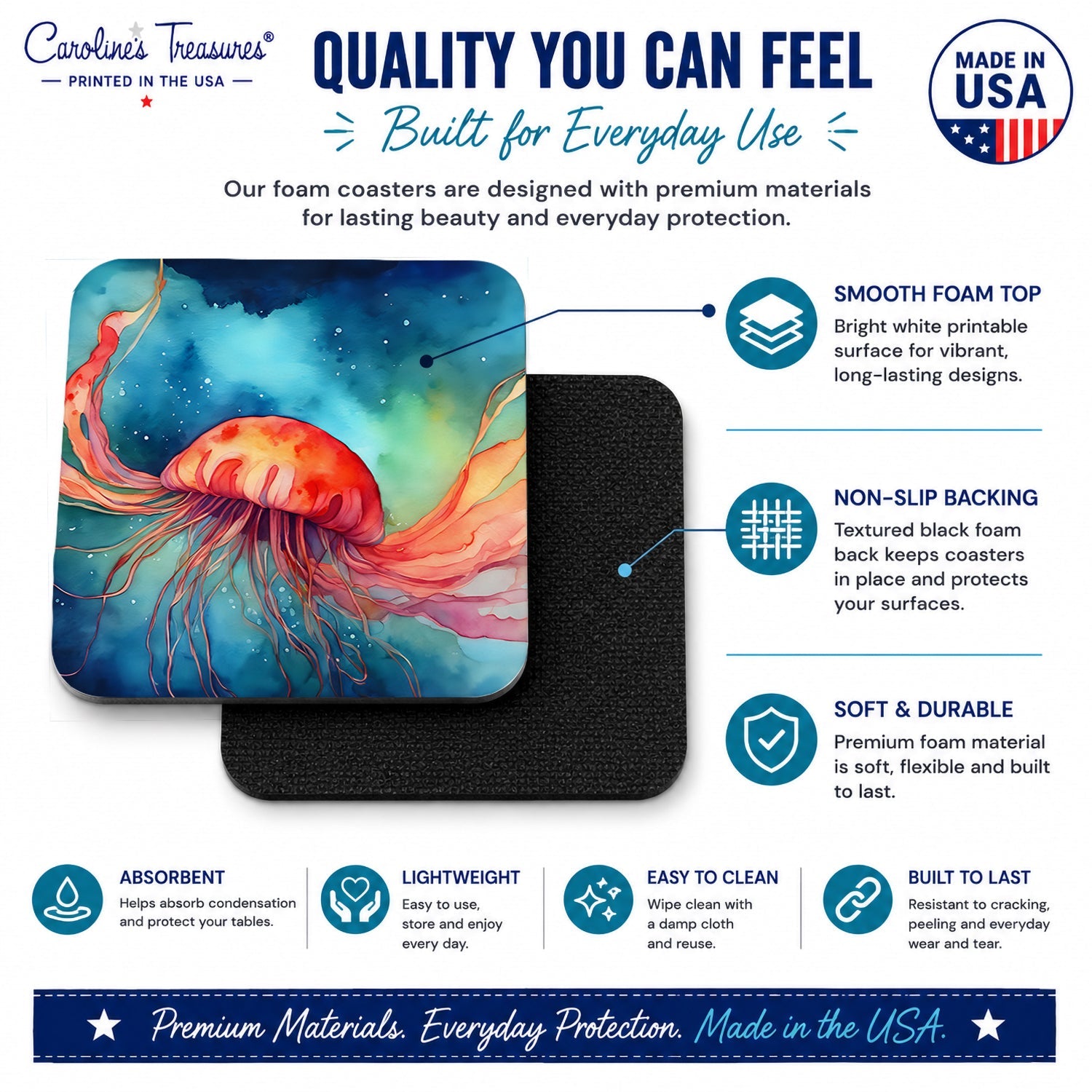Jellyfish Foam Coasters Set of 4 Cup Coasters for Indoor Outdoor, Tabletop Protection, Anti Slip, Mouse pad Material