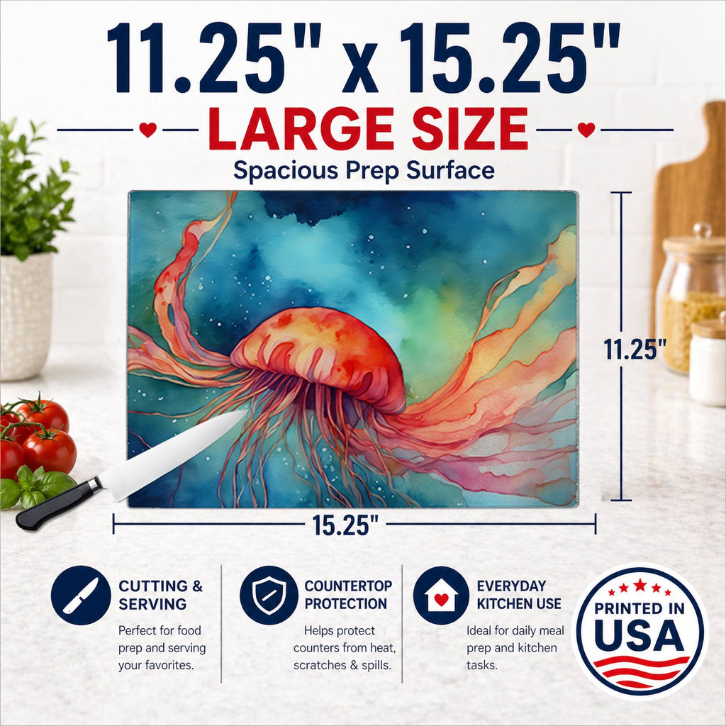 Jellyfish Cutting Board Tempered Glass Kitchen Cutting Surface, Heat Resistant Chopping, Non-Slip Feet, Food Prep & Serving