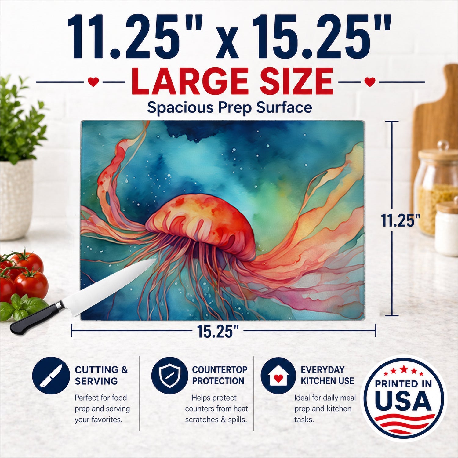 Jellyfish Cutting Board Tempered Glass Kitchen Cutting Surface, Heat Resistant Chopping, Non-Slip Feet, Food Prep & Serving
