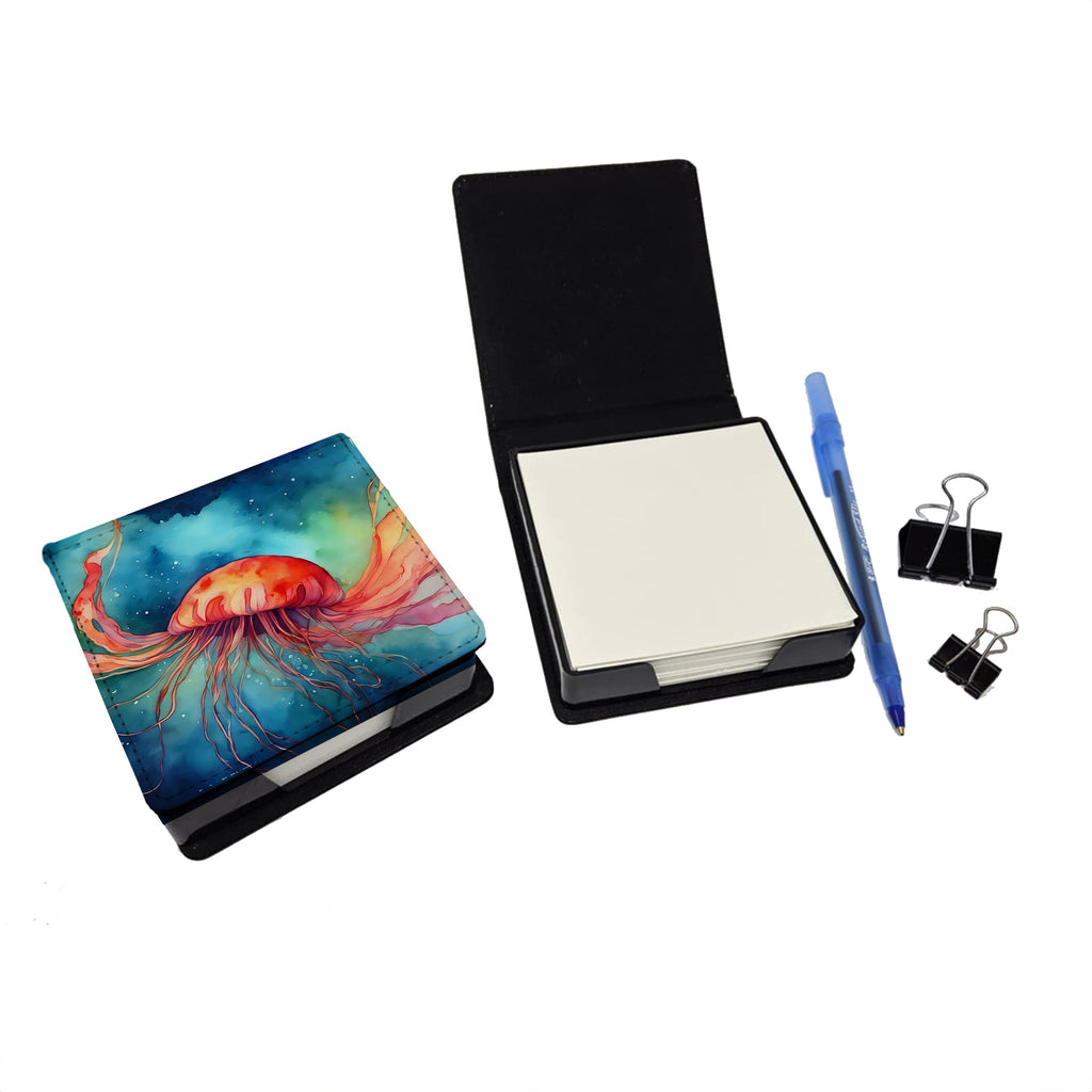 Jellyfish PU Leather Note Paper Holder with Artist-Designed Cover, Desk Accessory, Office Gift