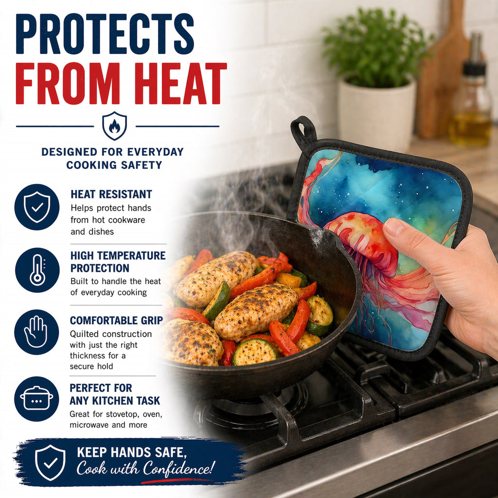 Jellyfish Pot Holder Set of 2 Heat Resistant Quilted Hot Pads 7.5 x 7.5 Inch, Insulated Kitchen Trivets for Cooking & Baking