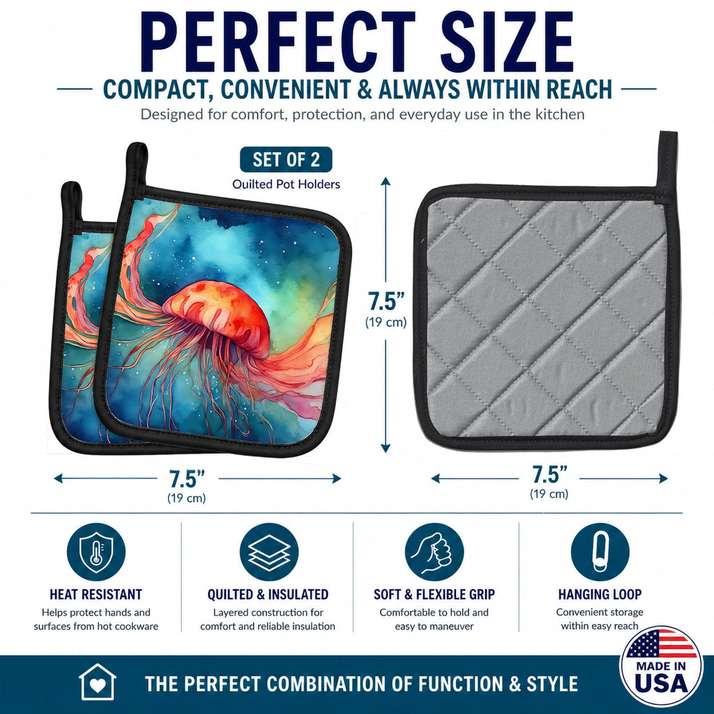 Jellyfish Pot Holder Set of 2 Heat Resistant Quilted Hot Pads 7.5 x 7.5 Inch, Insulated Kitchen Trivets for Cooking & Baking