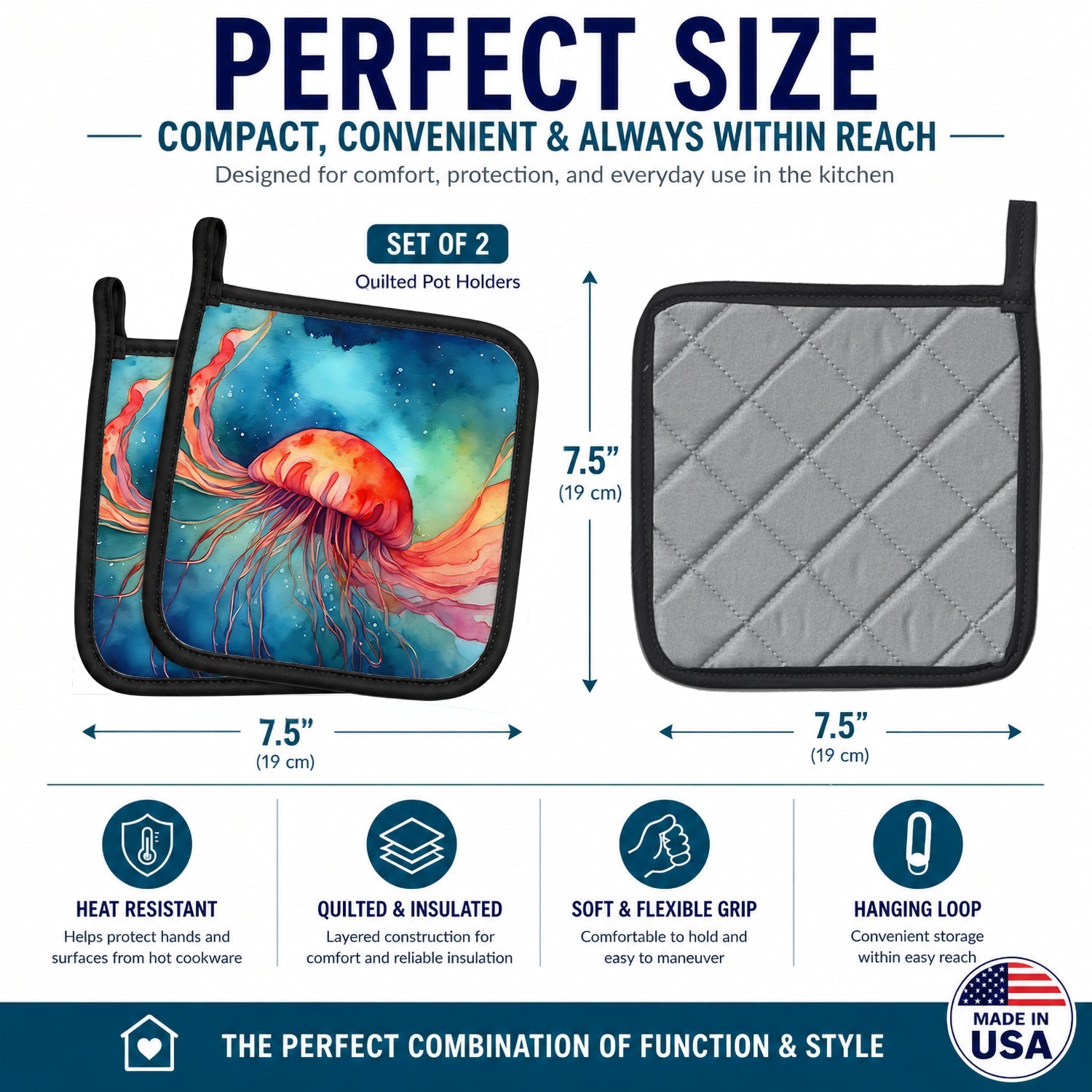 Jellyfish Pot Holder Set of 2 Heat Resistant Quilted Hot Pads 7.5 x 7.5 Inch, Insulated Kitchen Trivets for Cooking & Baking