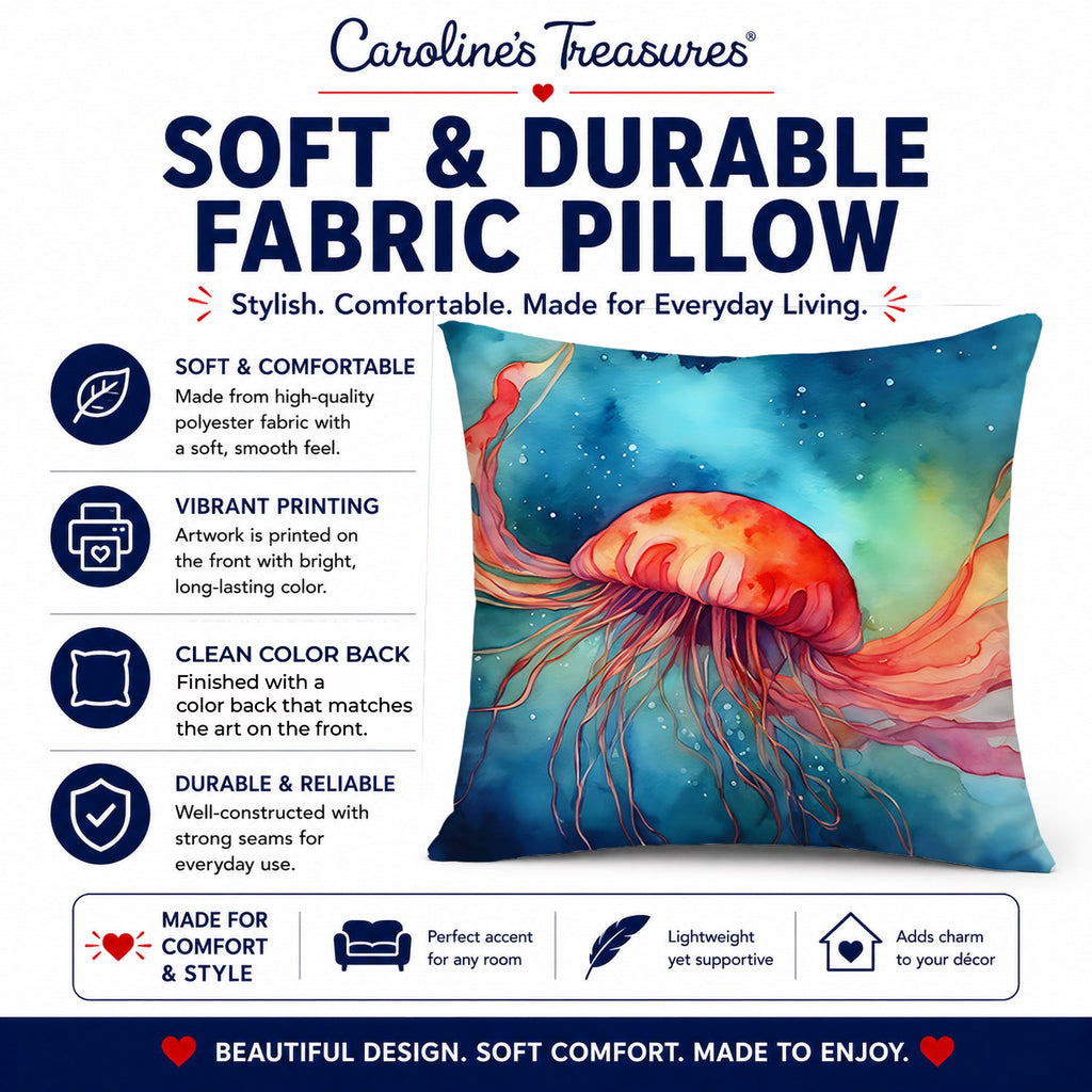 Jellyfish Decorative Throw Pillow 14x14 Indoor Outdoor Accent Cushion, Fabric Cover with Insert for Sofa, Bed, Porch & Living Room