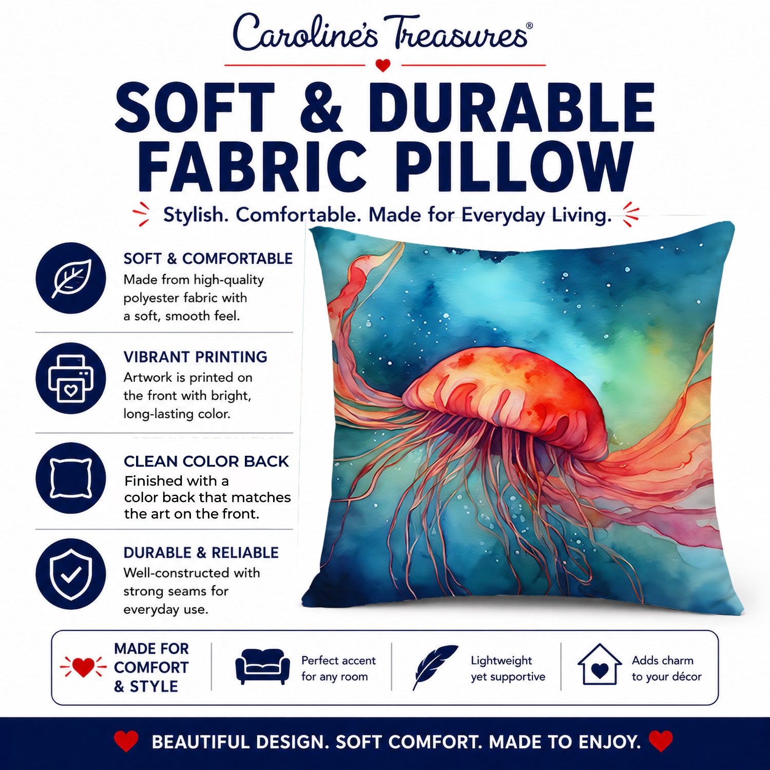 Jellyfish Decorative Throw Pillow 14x14 Indoor Outdoor Accent Cushion, Fabric Cover with Insert for Sofa, Bed, Porch & Living Room