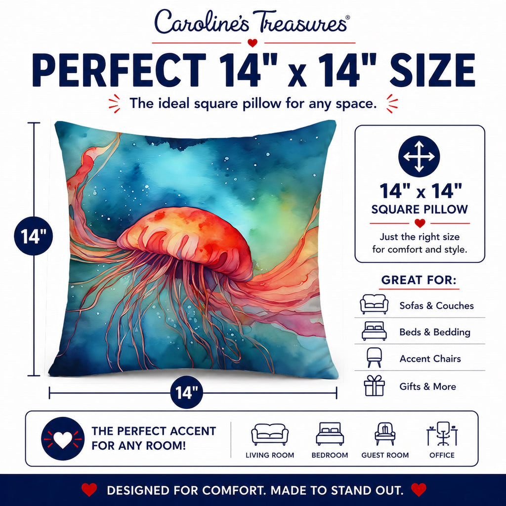 Jellyfish Decorative Throw Pillow 14x14 Indoor Outdoor Accent Cushion, Fabric Cover with Insert for Sofa, Bed, Porch & Living Room
