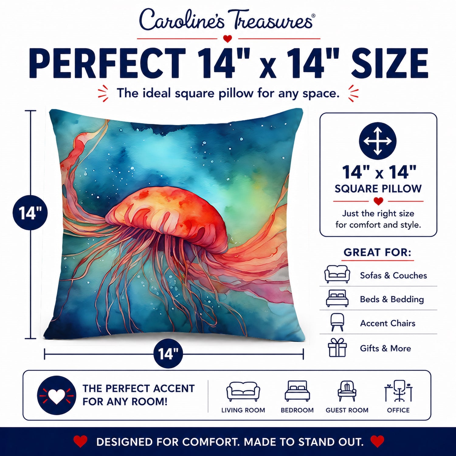 Jellyfish Decorative Throw Pillow 14x14 Indoor Outdoor Accent Cushion, Fabric Cover with Insert for Sofa, Bed, Porch & Living Room