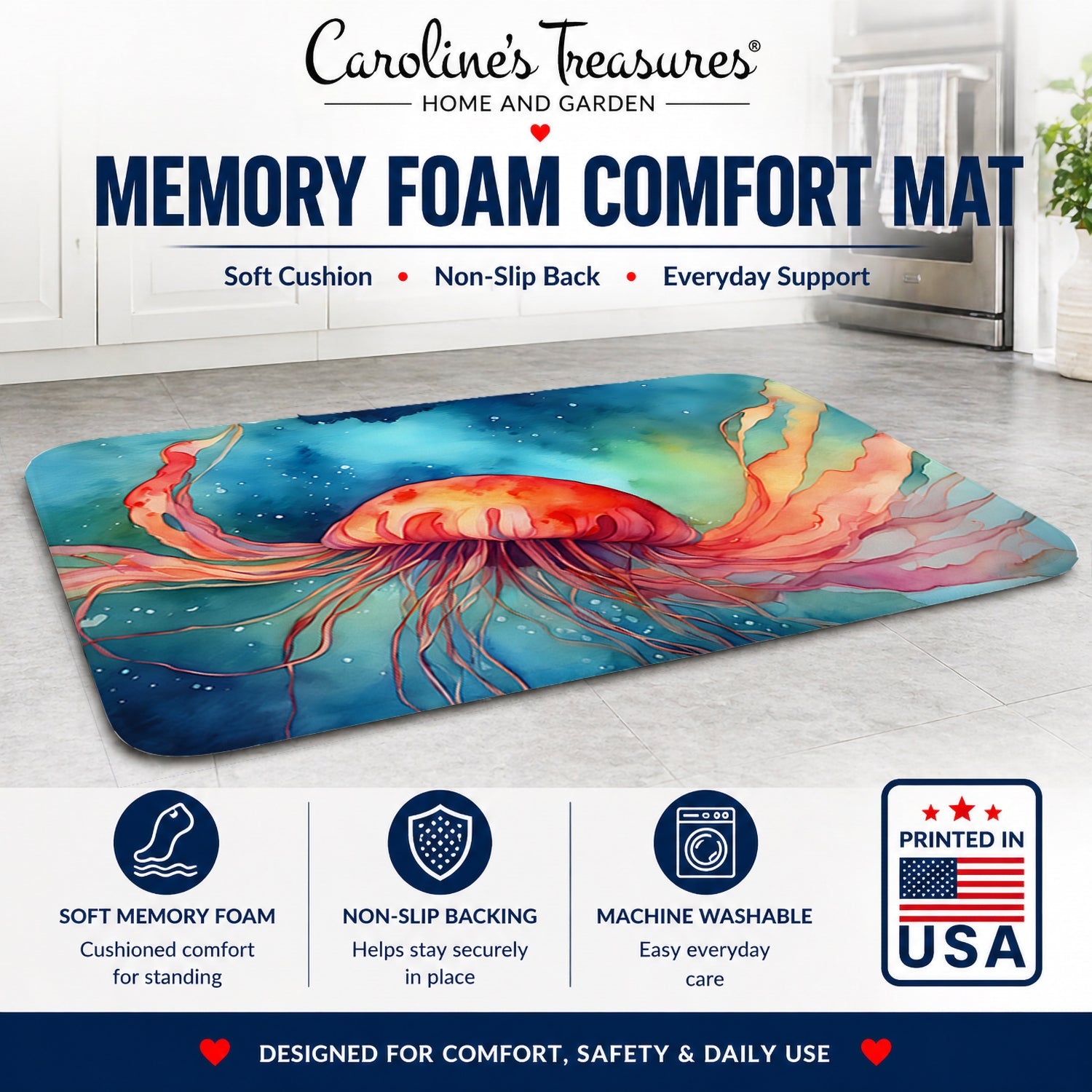 Jellyfish Memory Foam Kitchen Mat Machine Washable Anti-Fatigue Cushion Comfort Bath or Kitchen Rug