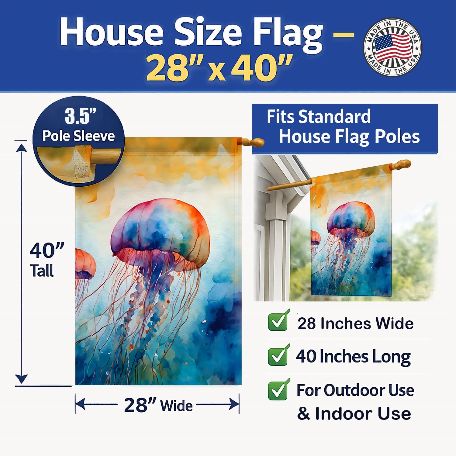 Jellyfish House Flag 28x40 Porch Sleeve Pole Decorative Outside Yard Banner Artwork Wall Hanging, Polyester