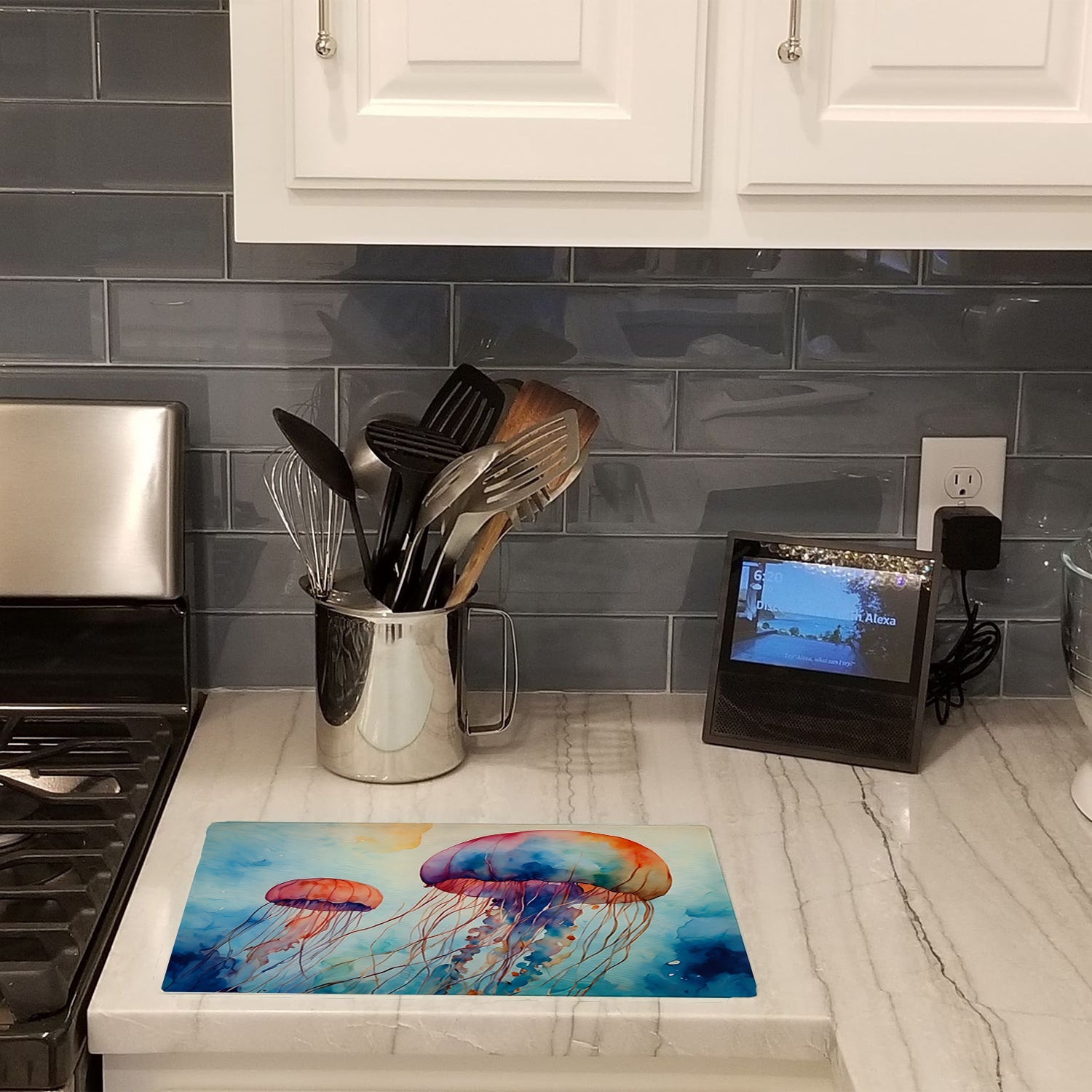Jellyfish Cutting Board Tempered Glass Kitchen Cutting Surface, Heat Resistant Chopping, Non-Slip Feet, Food Prep & Serving