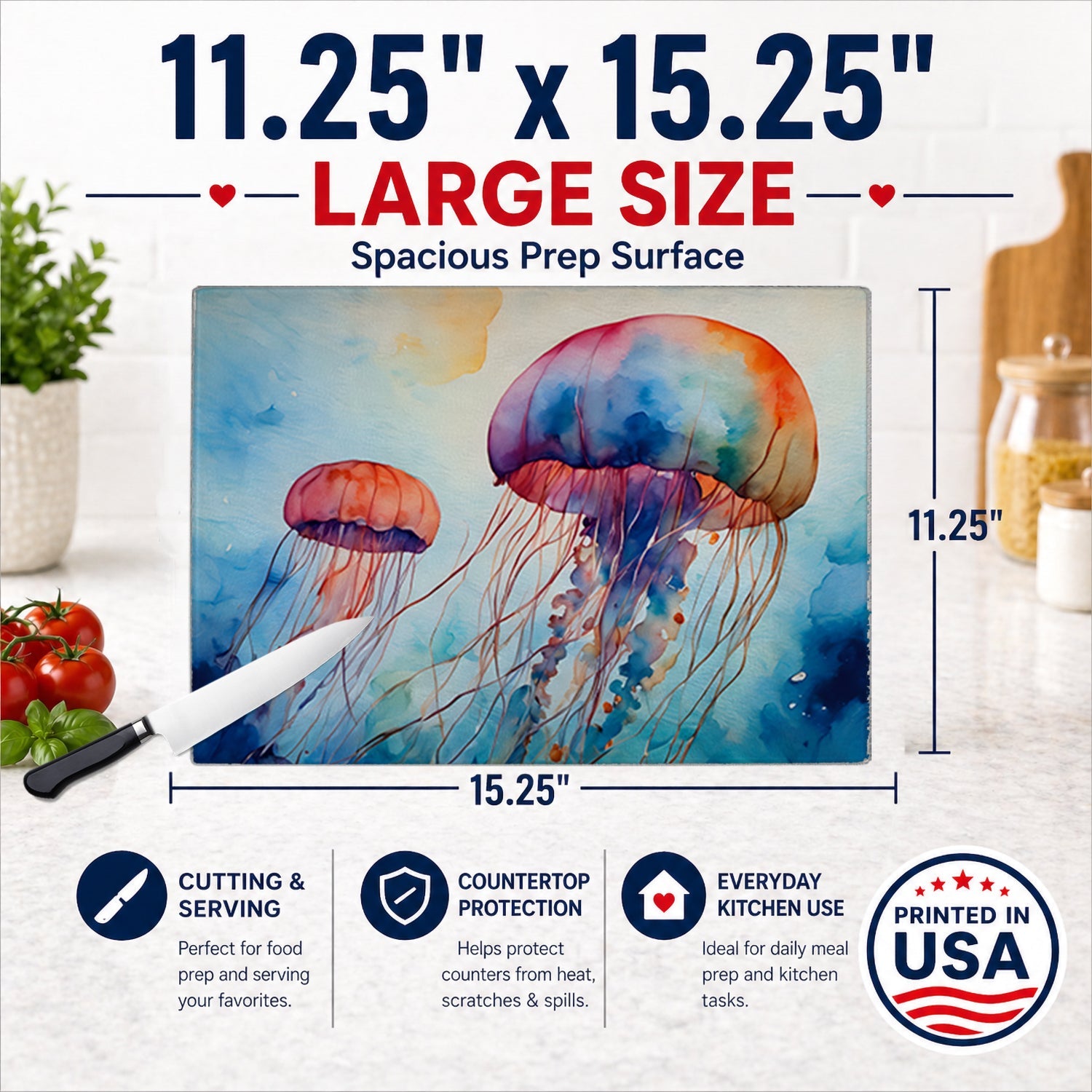 Jellyfish Cutting Board Tempered Glass Kitchen Cutting Surface, Heat Resistant Chopping, Non-Slip Feet, Food Prep & Serving