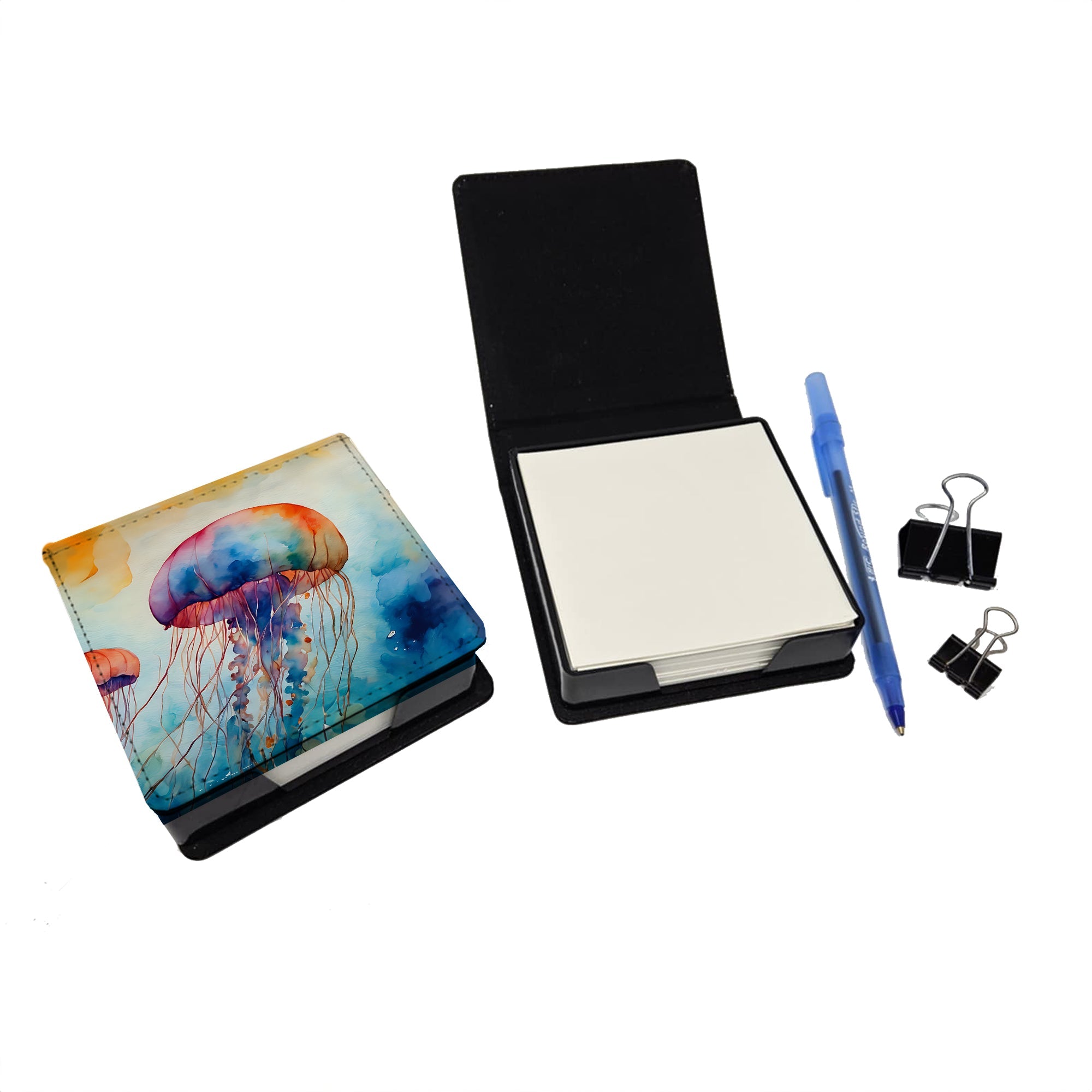 Jellyfish PU Leather Note Paper Holder with Artist-Designed Cover, Desk Accessory, Office Gift