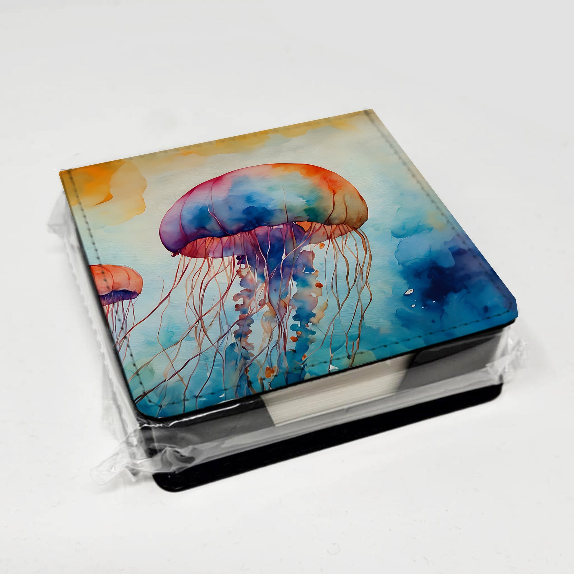 Jellyfish PU Leather Note Paper Holder with Artist-Designed Cover, Desk Accessory, Office Gift