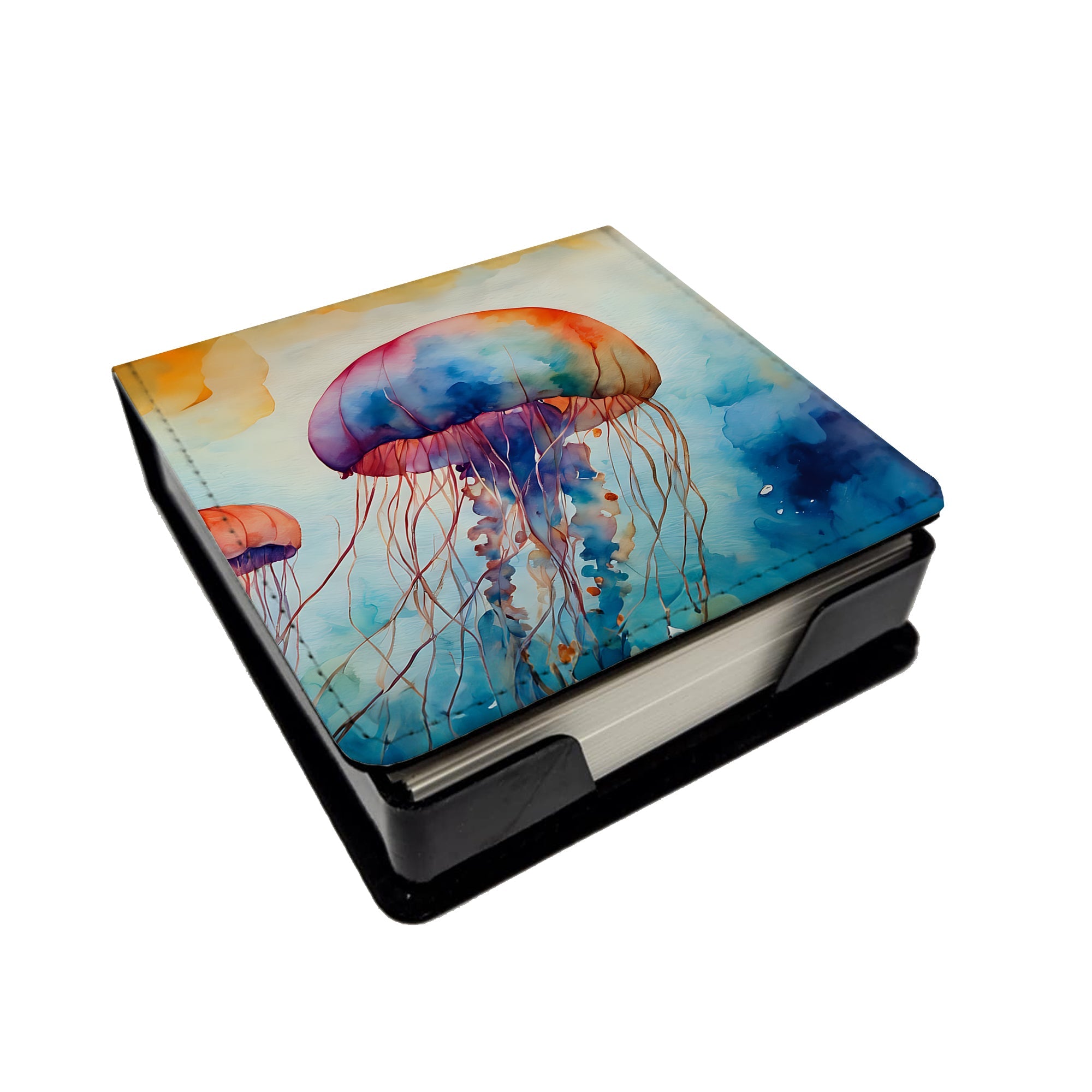 Jellyfish PU Leather Note Paper Holder with Artist-Designed Cover, Desk Accessory, Office Gift
