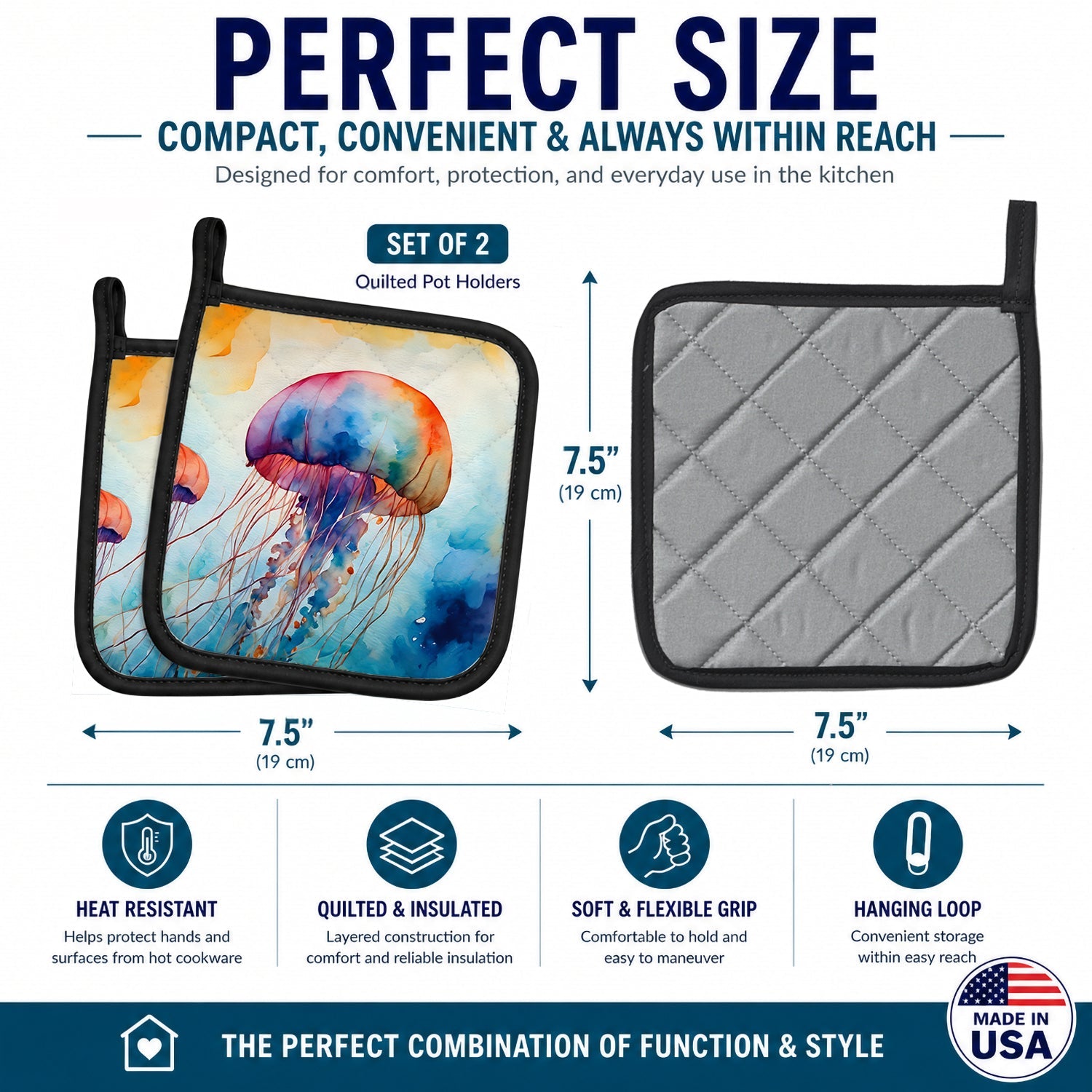 Jellyfish Pot Holder Set of 2 Heat Resistant Quilted Hot Pads 7.5 x 7.5 Inch, Insulated Kitchen Trivets for Cooking & Baking