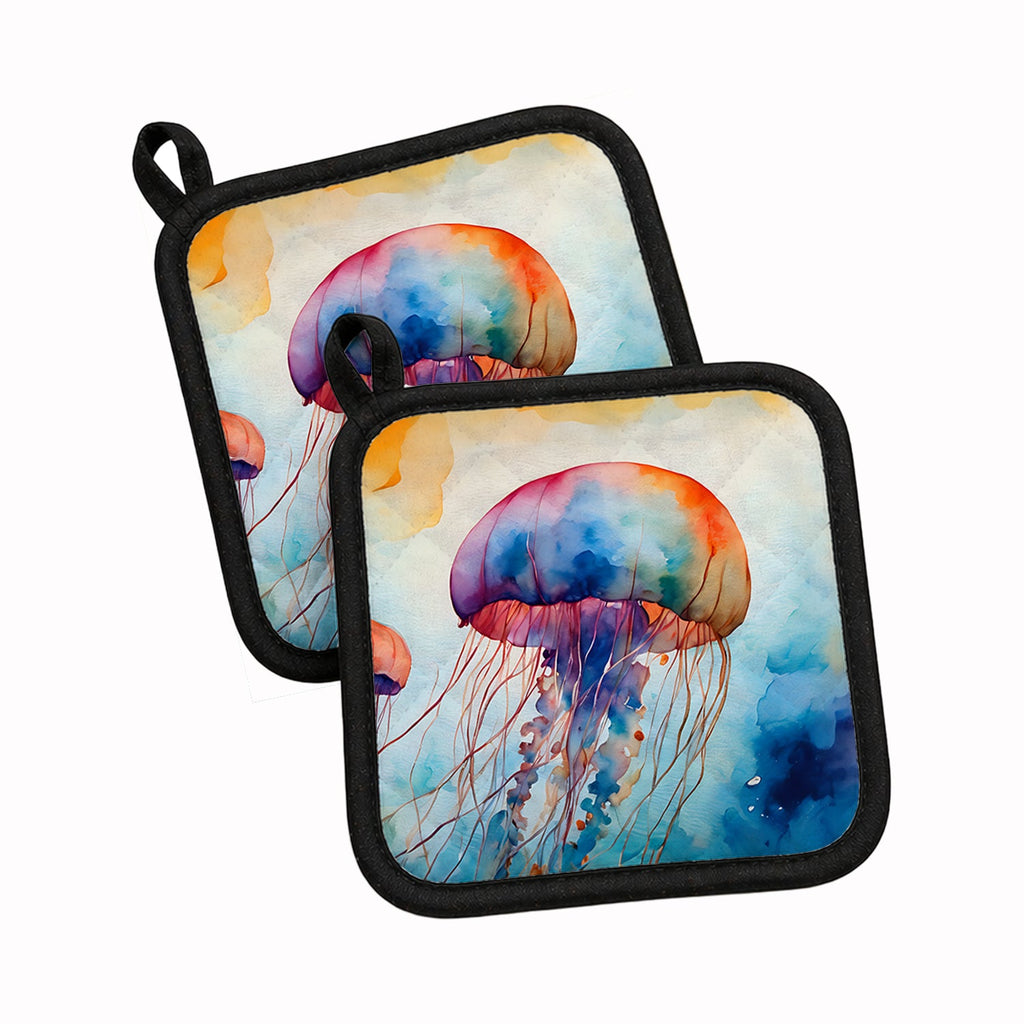 Jellyfish Pot Holder Set of 2 Heat Resistant Quilted Hot Pads 7.5 x 7.5 Inch, Insulated Kitchen Trivets for Cooking & Baking